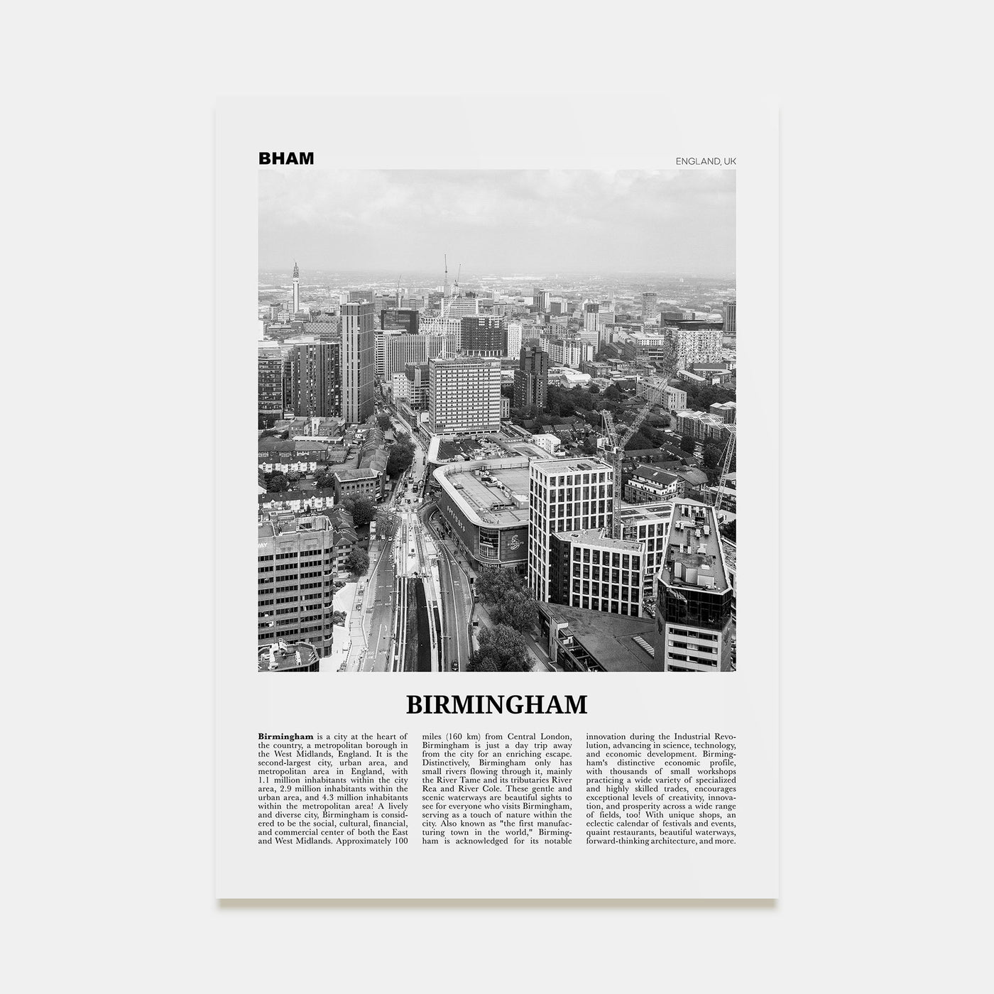 Birmingham, England Travel B&W Poster