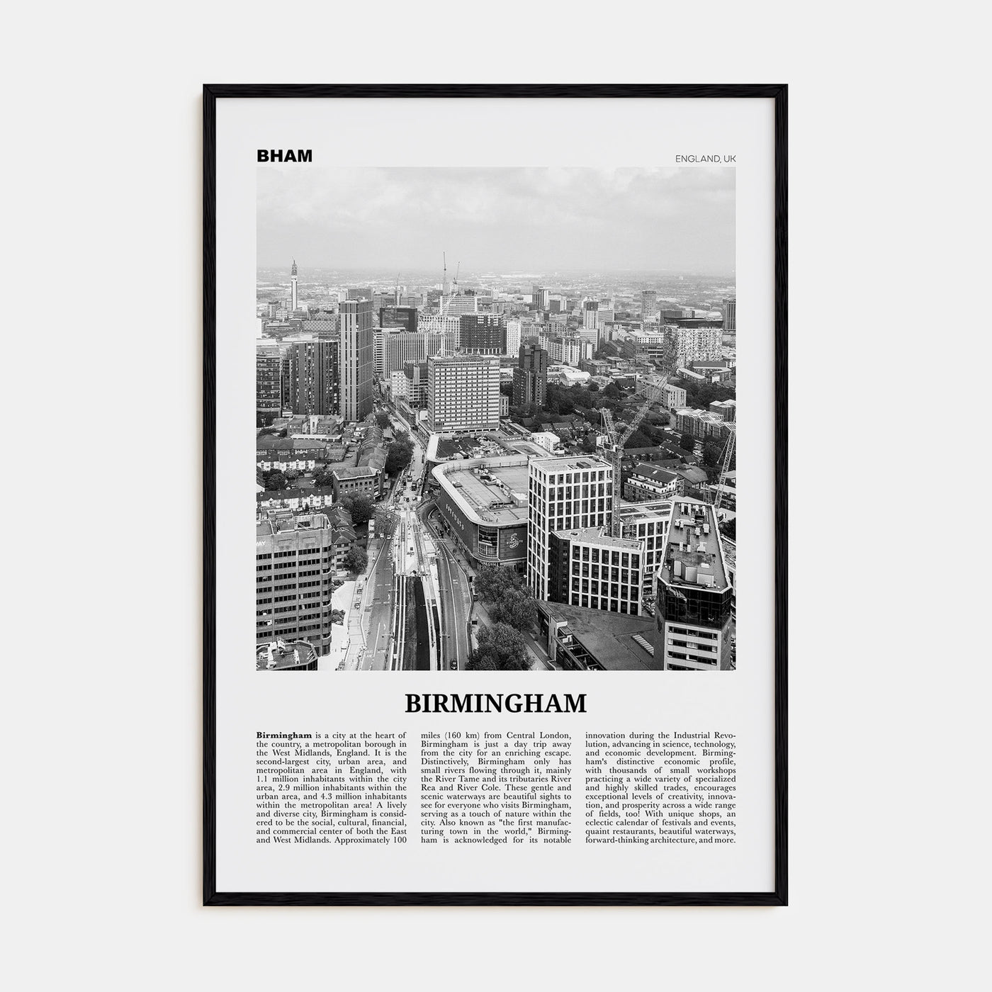 Birmingham, England Travel B&W Poster