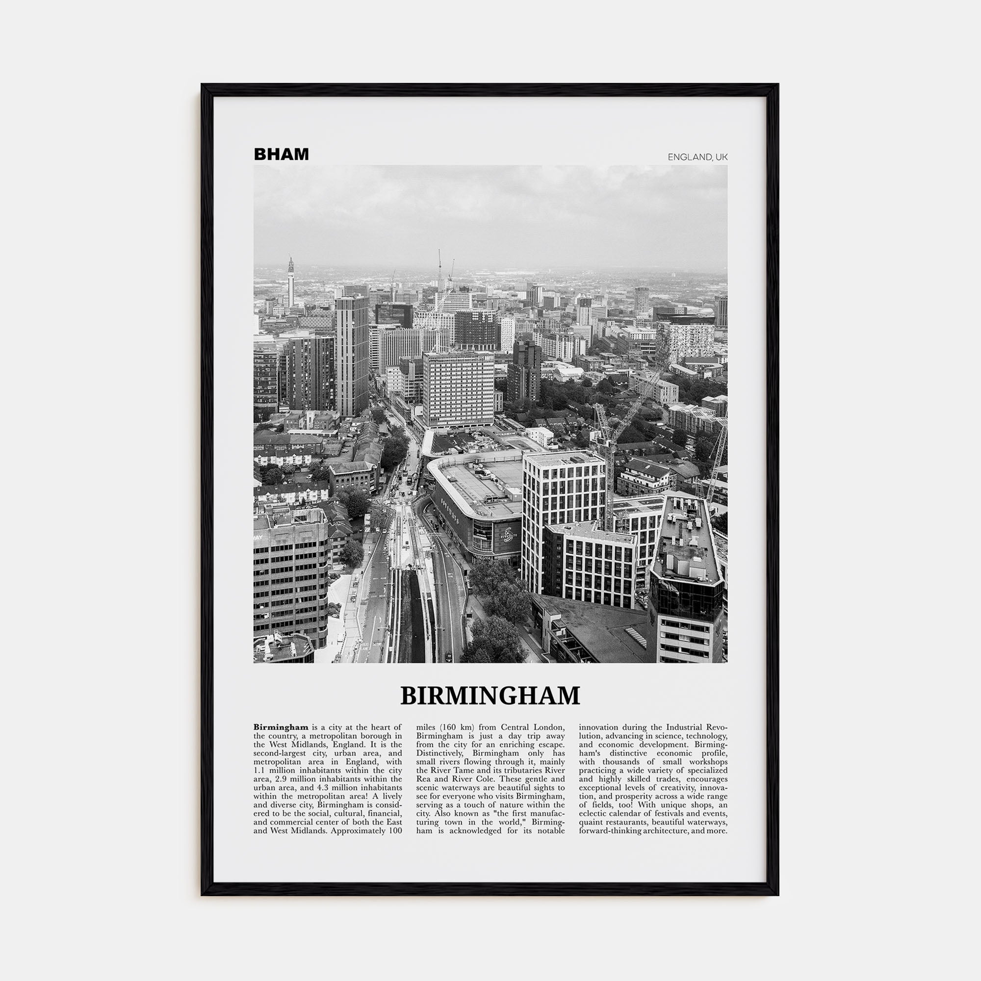 Birmingham, England Travel B&W Poster