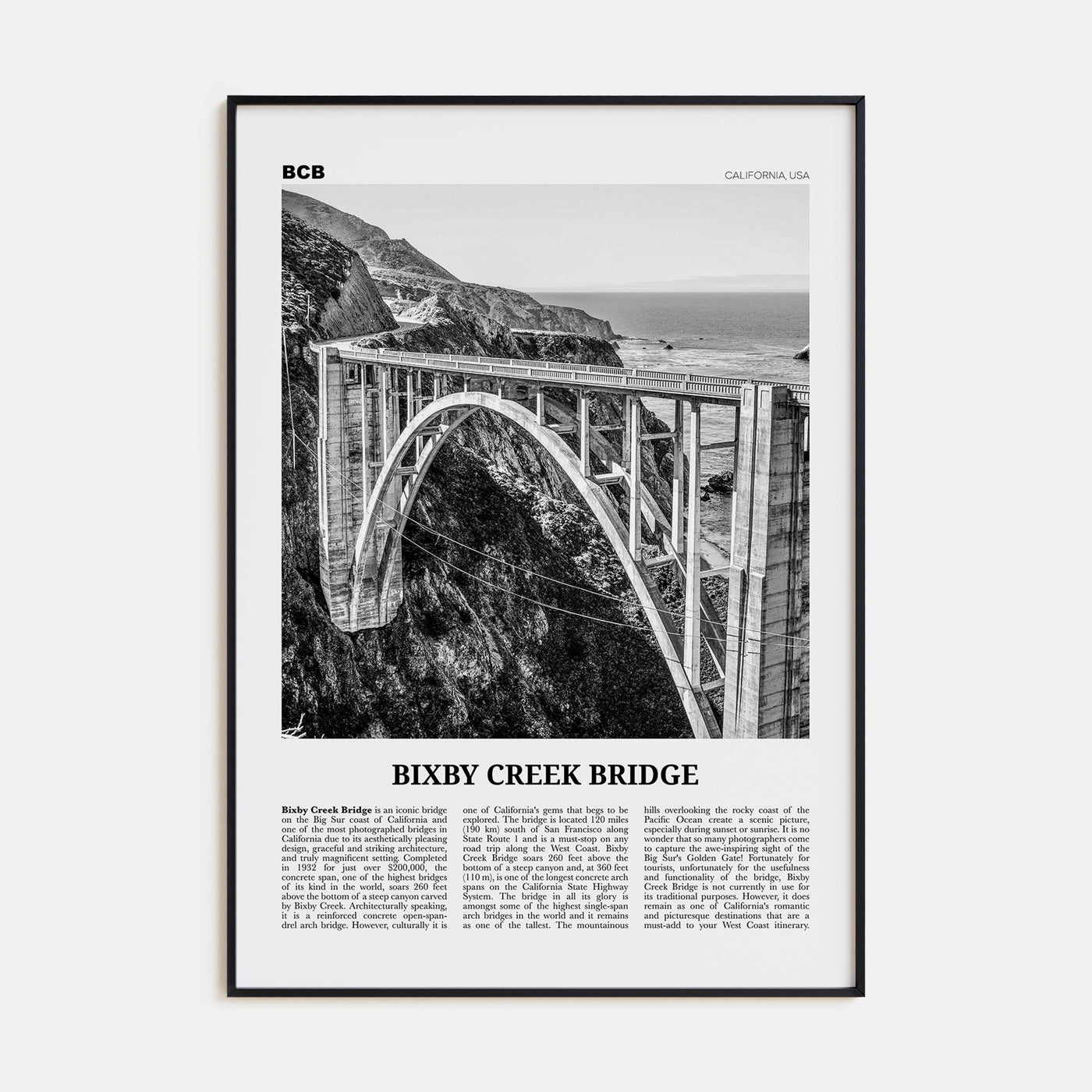 Bixby Creek Bridge Travel B&W Poster