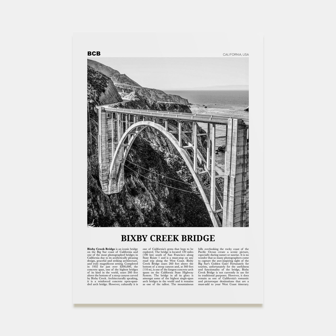 Bixby Creek Bridge Travel B&W Poster
