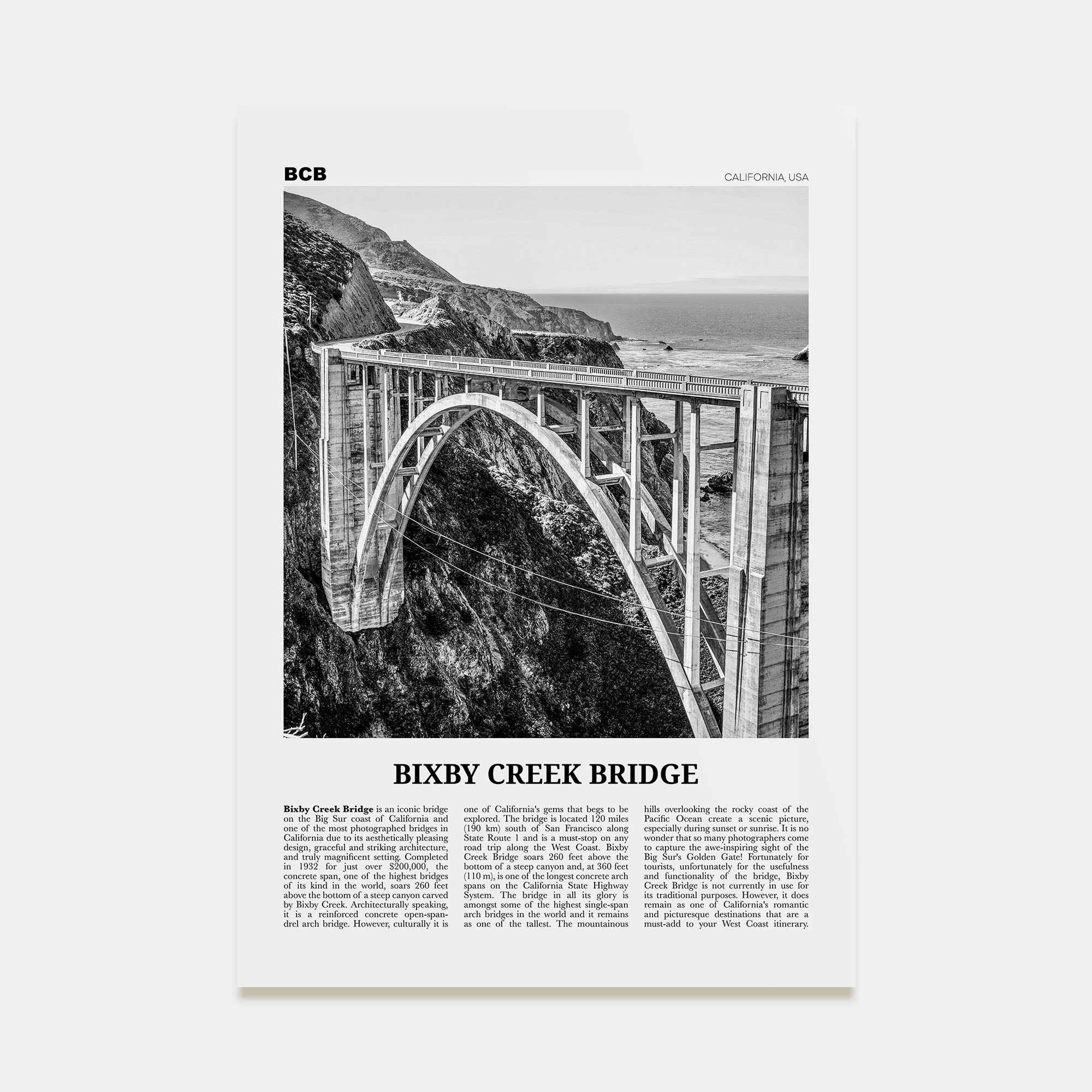 Bixby Creek Bridge Travel B&W Poster