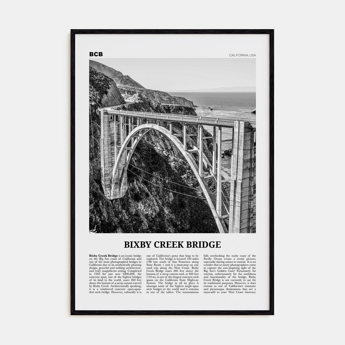 Bixby Creek Bridge Travel B&W Poster