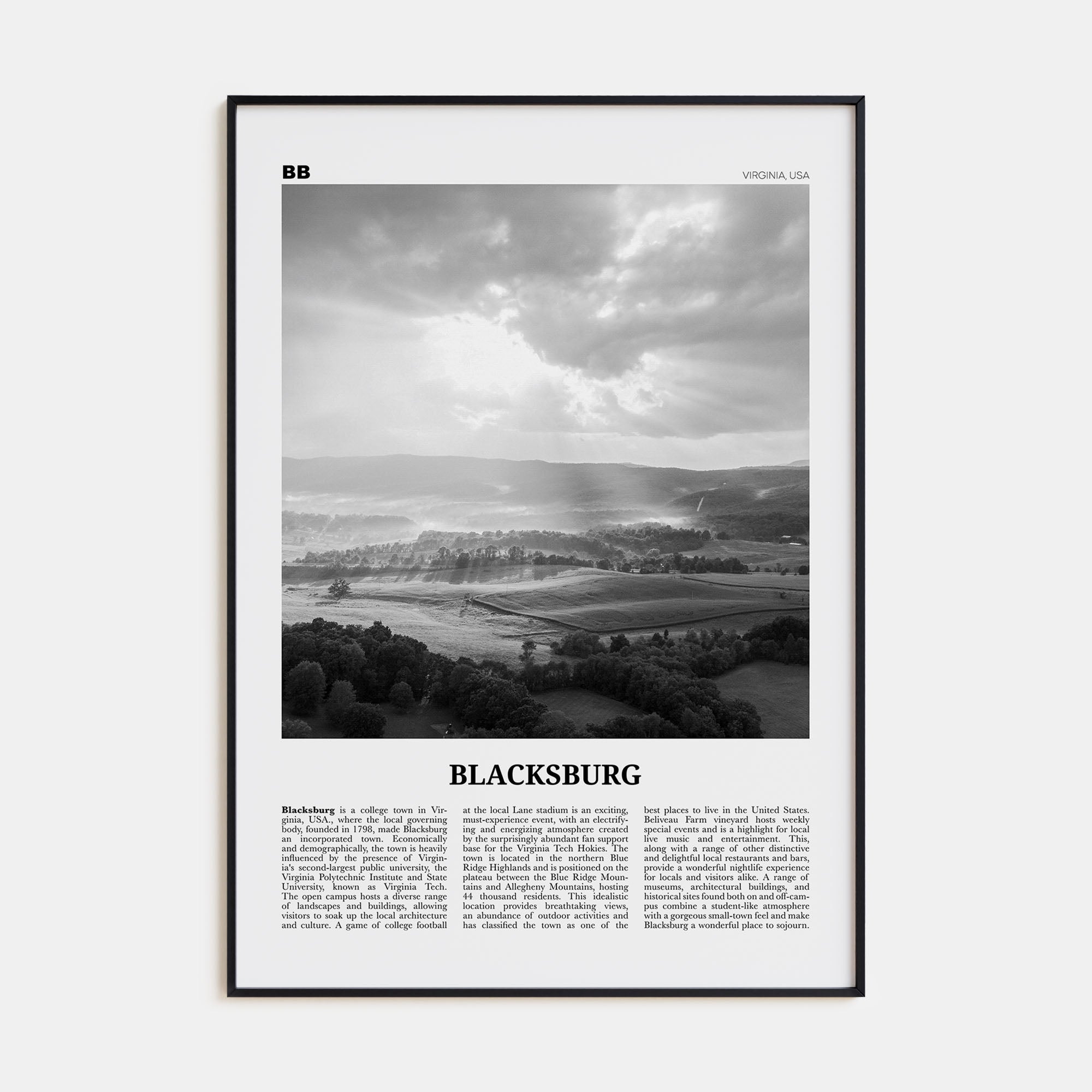 Blacksburg Travel B&W Poster