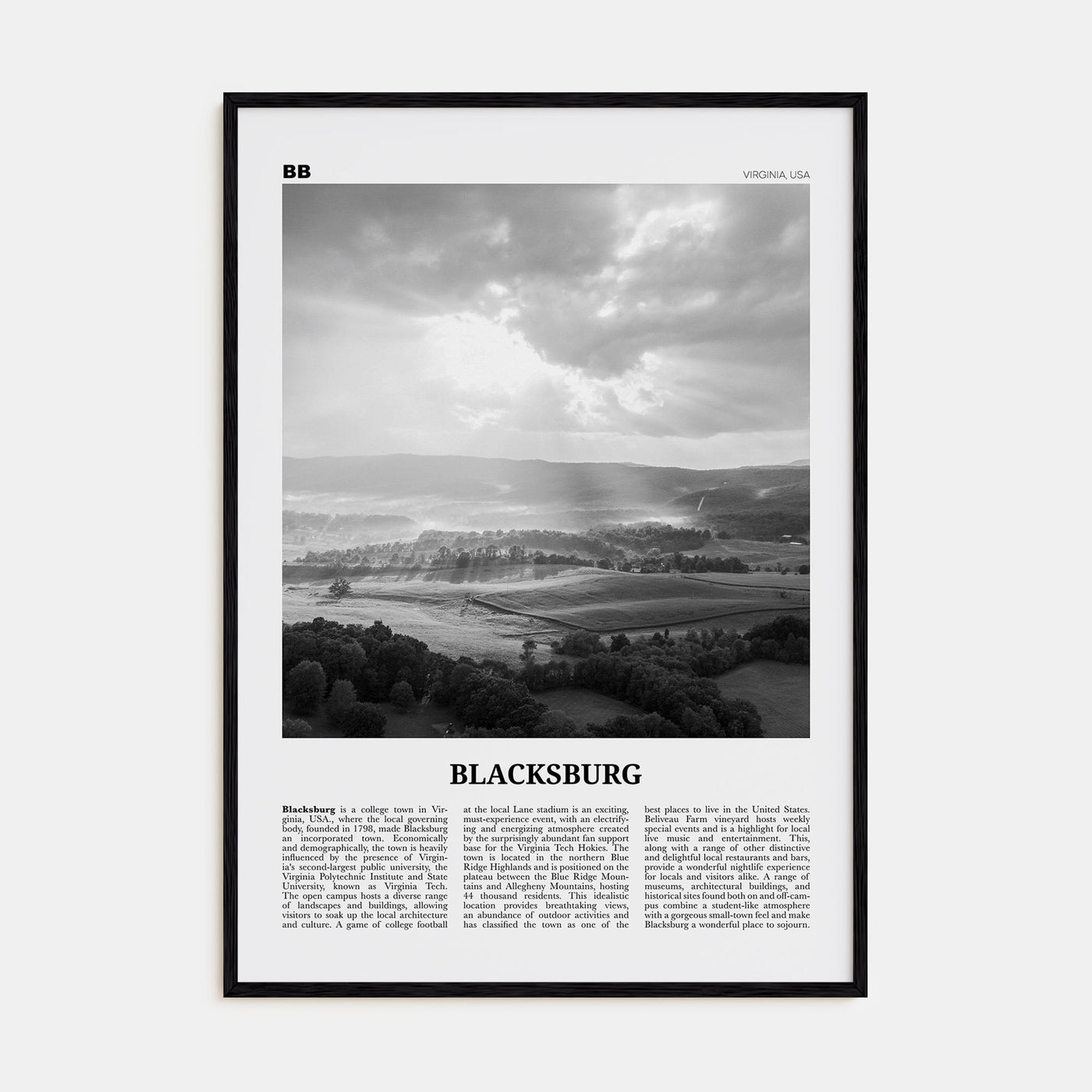 Blacksburg Travel B&W Poster
