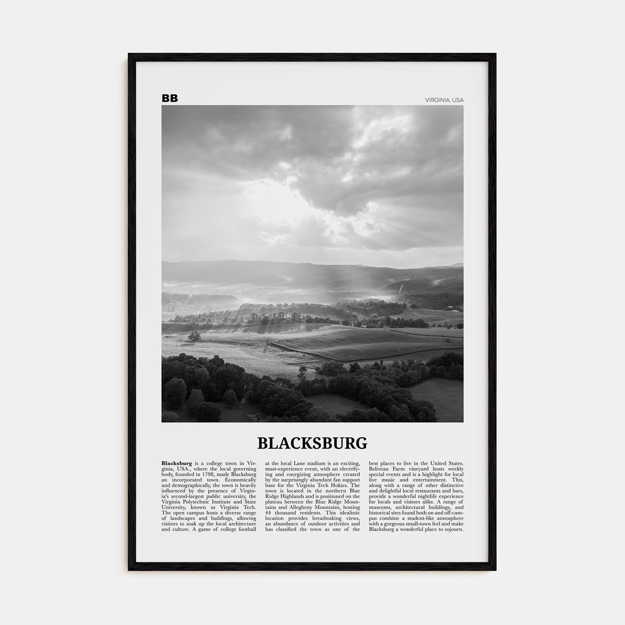 Blacksburg Travel B&W Poster