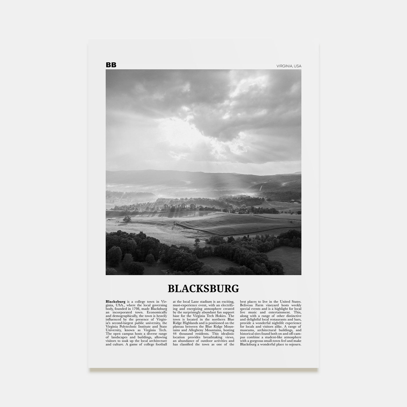 Blacksburg Travel B&W Poster