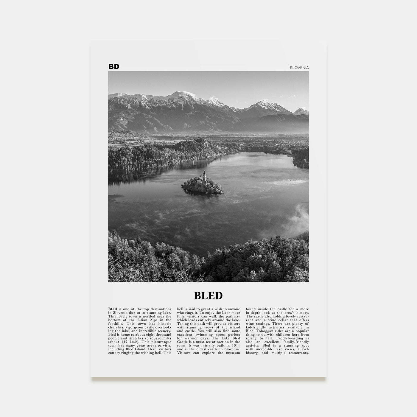 Bled Travel B&W Poster