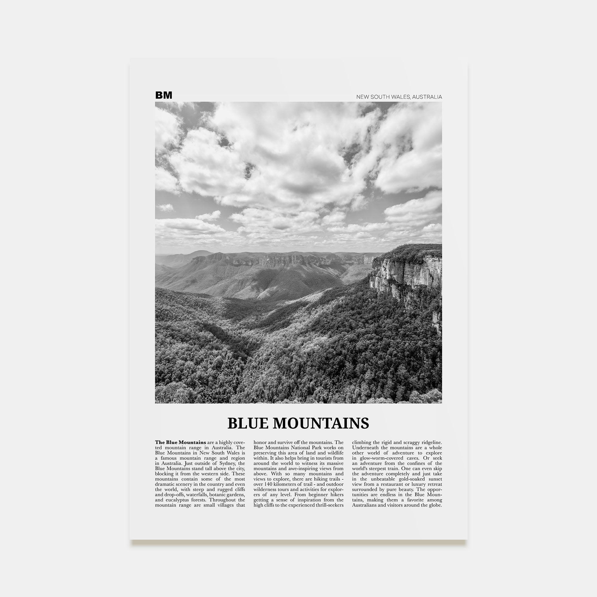 Blue Mountains Travel B&W Poster
