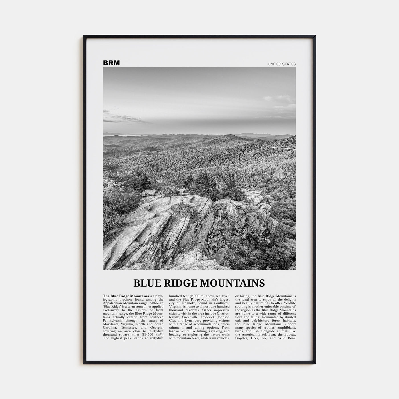 Blue Ridge Mountains Travel B&W Poster