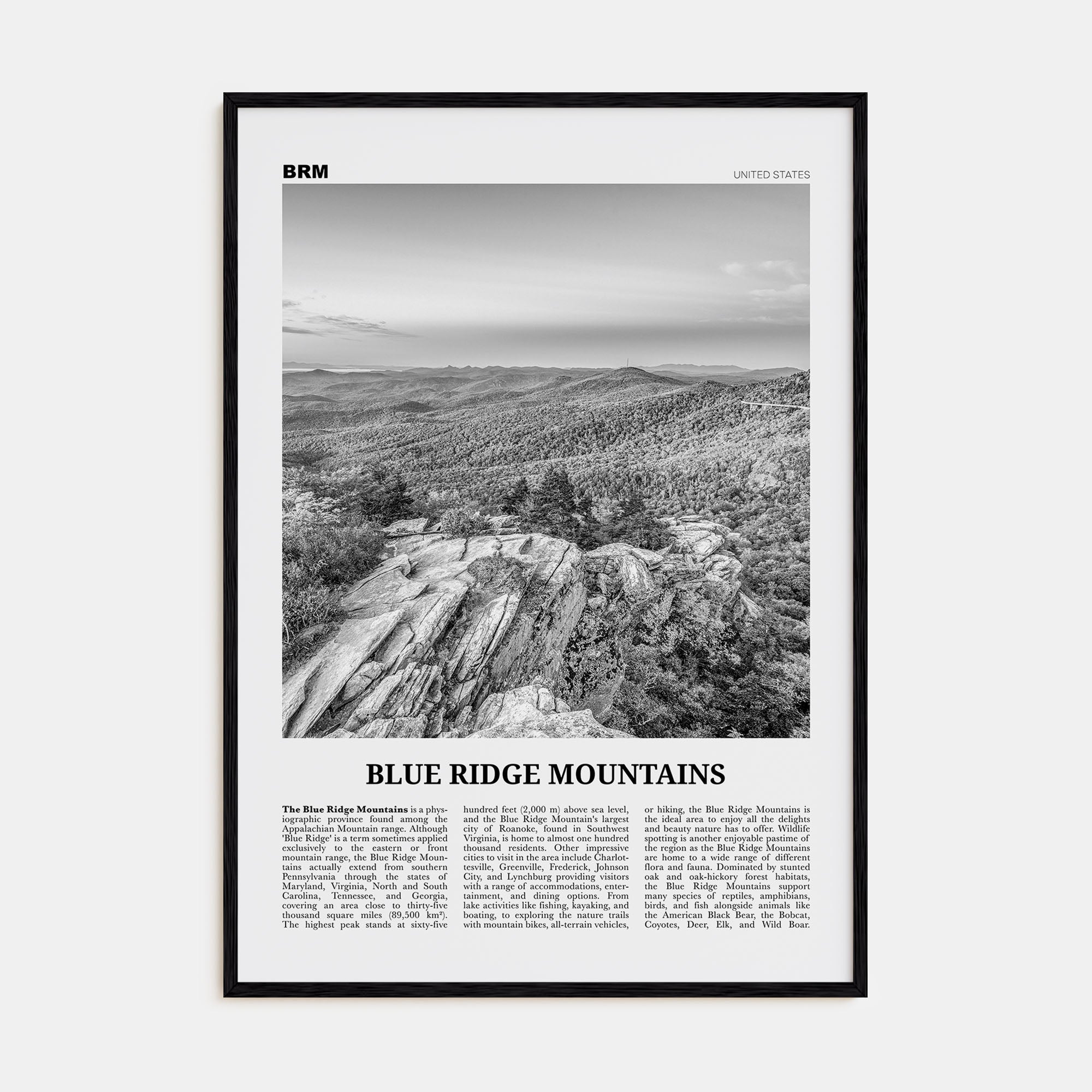 Blue Ridge Mountains Travel B&W Poster