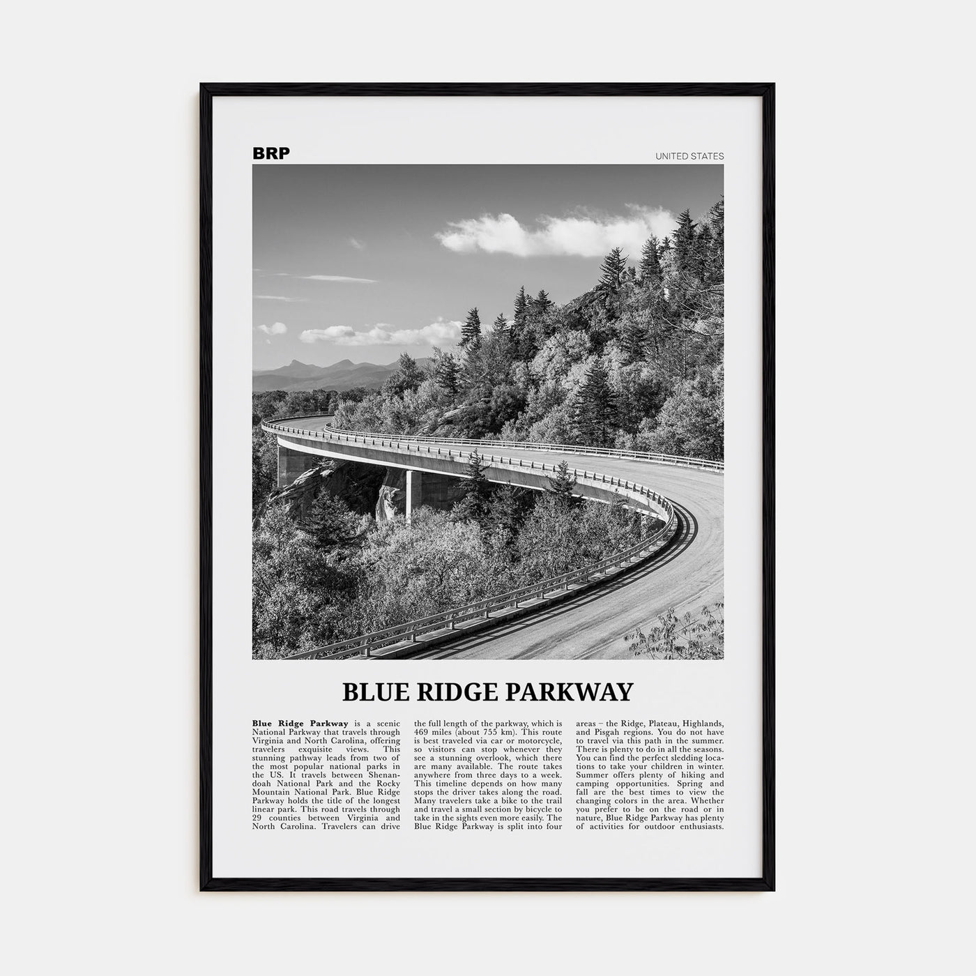 Blue Ridge Parkway Travel B&W Poster