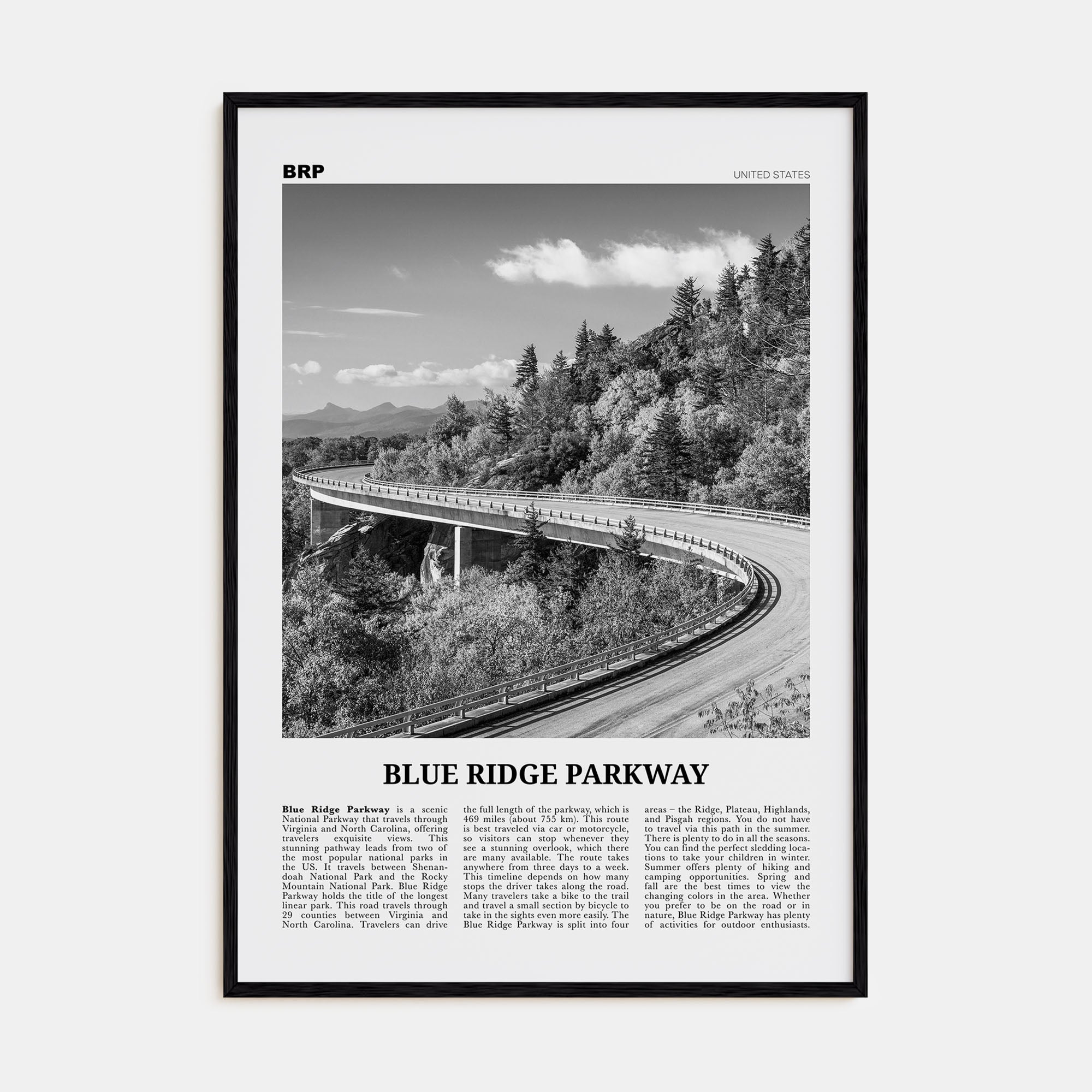 Blue Ridge Parkway Travel B&W Poster