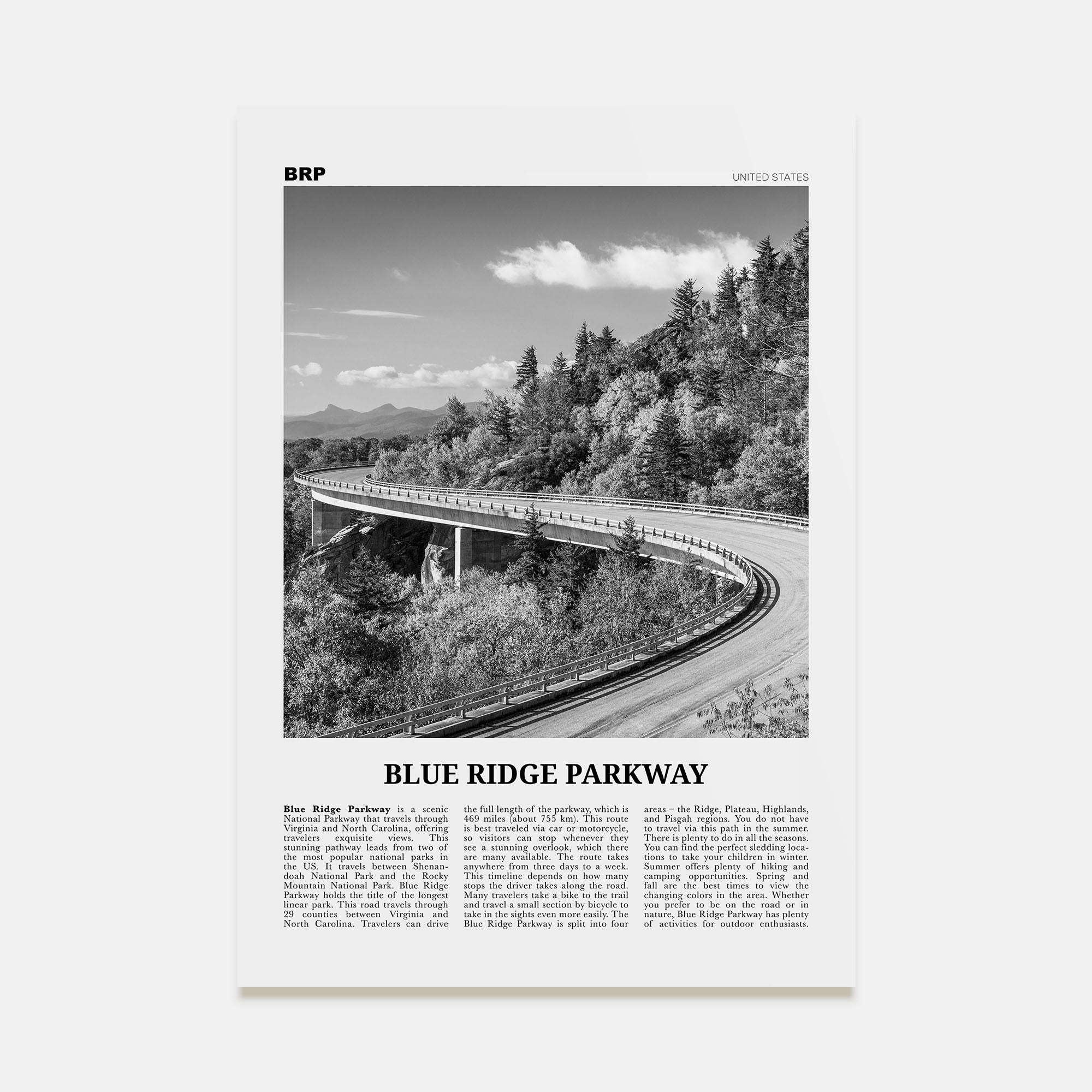 Blue Ridge Parkway Travel B&W Poster