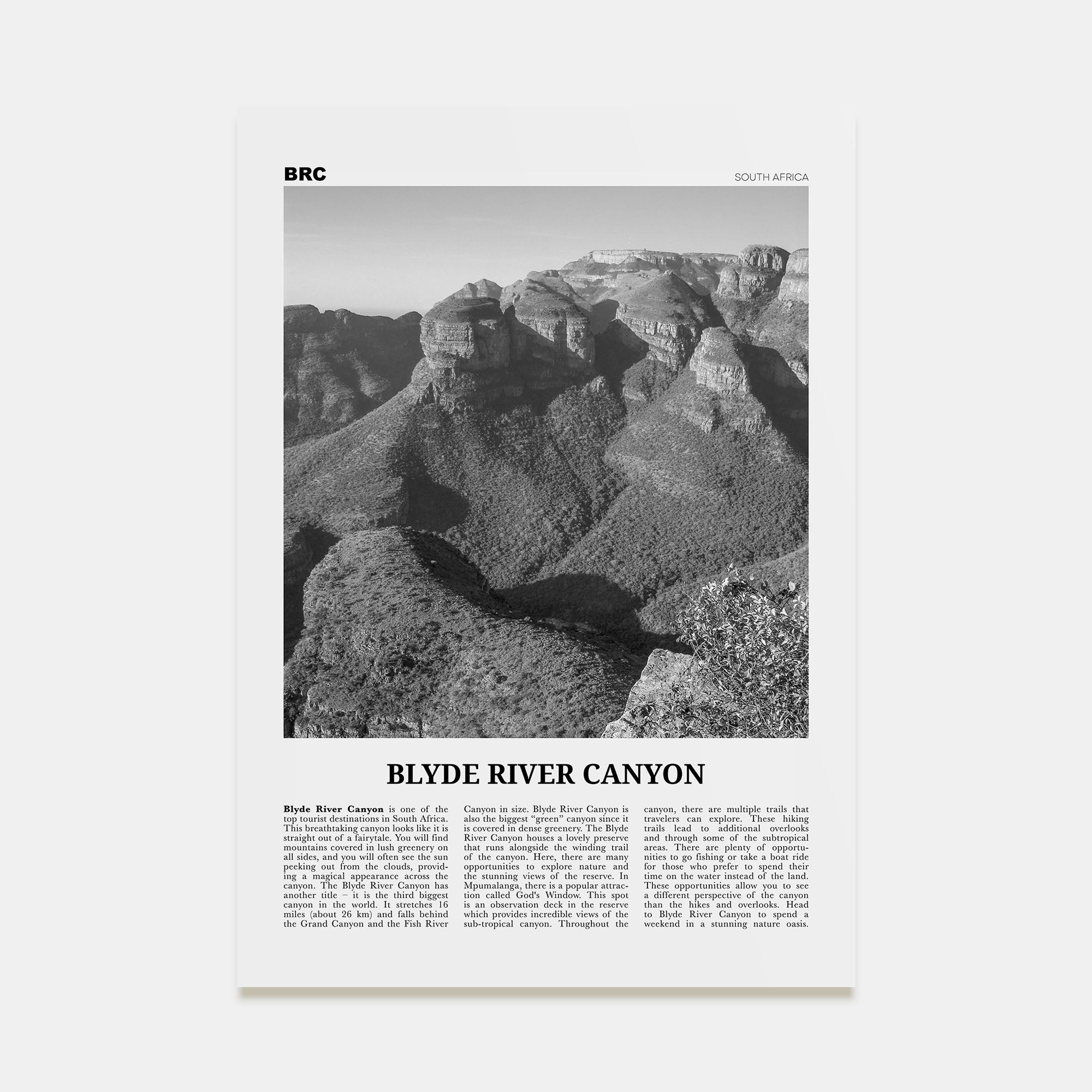 Blyde River Canyon Travel B&W Poster