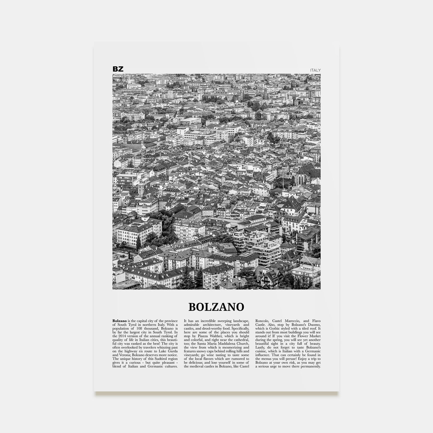 Bolzano Travel B&W Poster