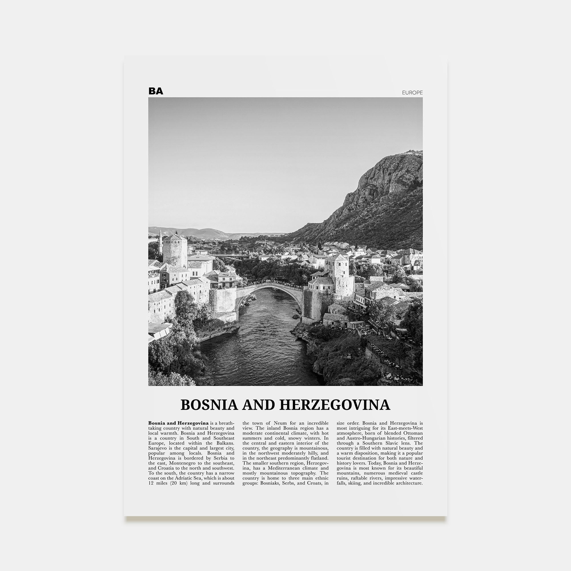 Bosnia and Herzegovina Travel B&W Poster