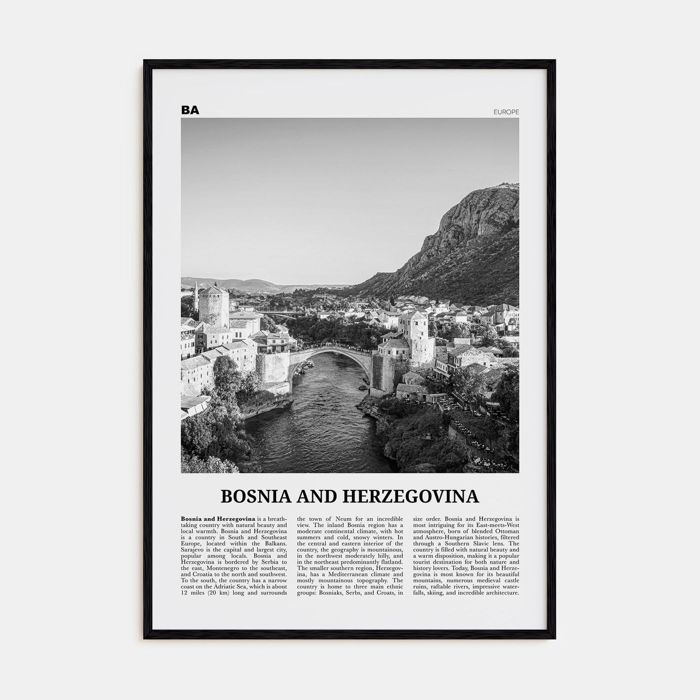 Bosnia and Herzegovina Travel B&W Poster