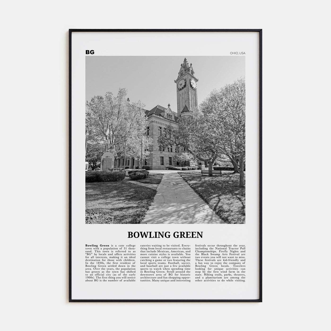 Bowling Green, Ohio Travel B&W Poster