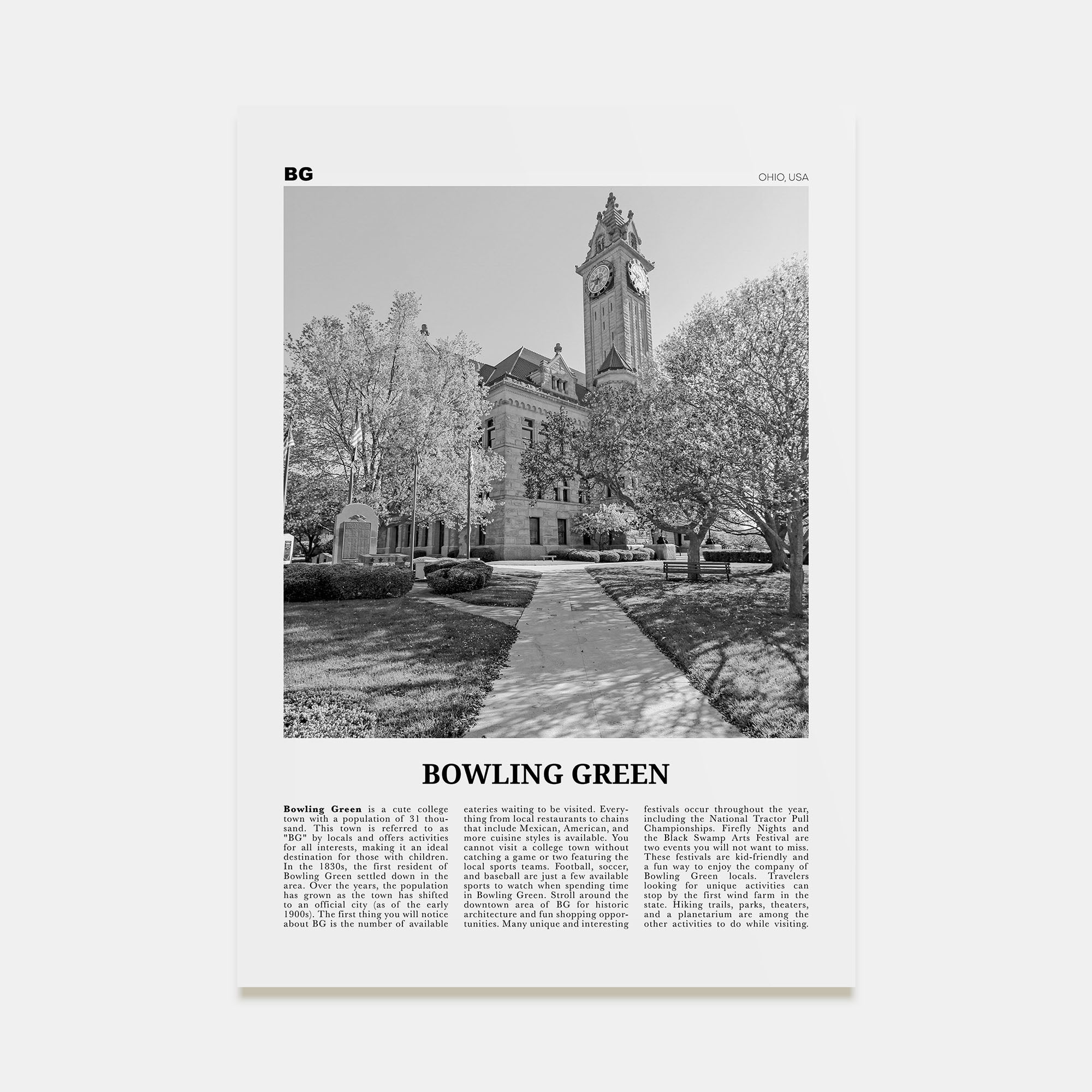 Bowling Green, Ohio Travel B&W Poster
