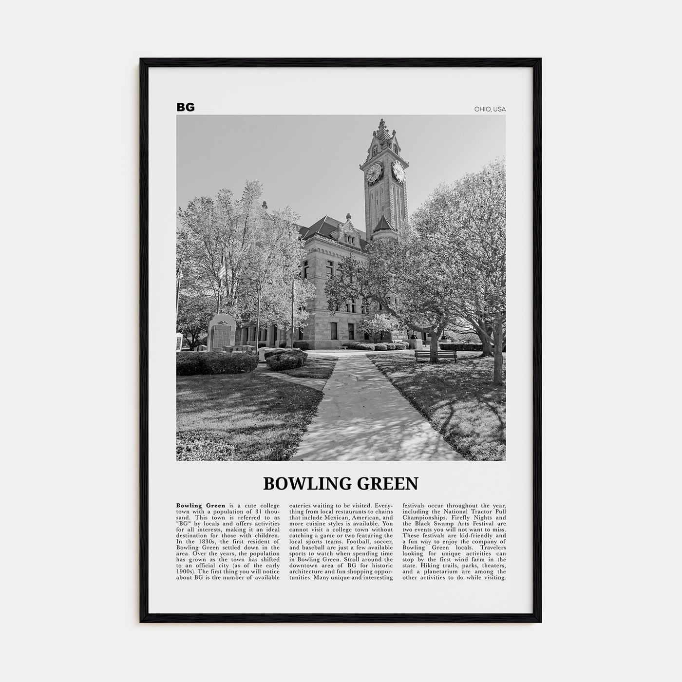 Bowling Green, Ohio Travel B&W Poster