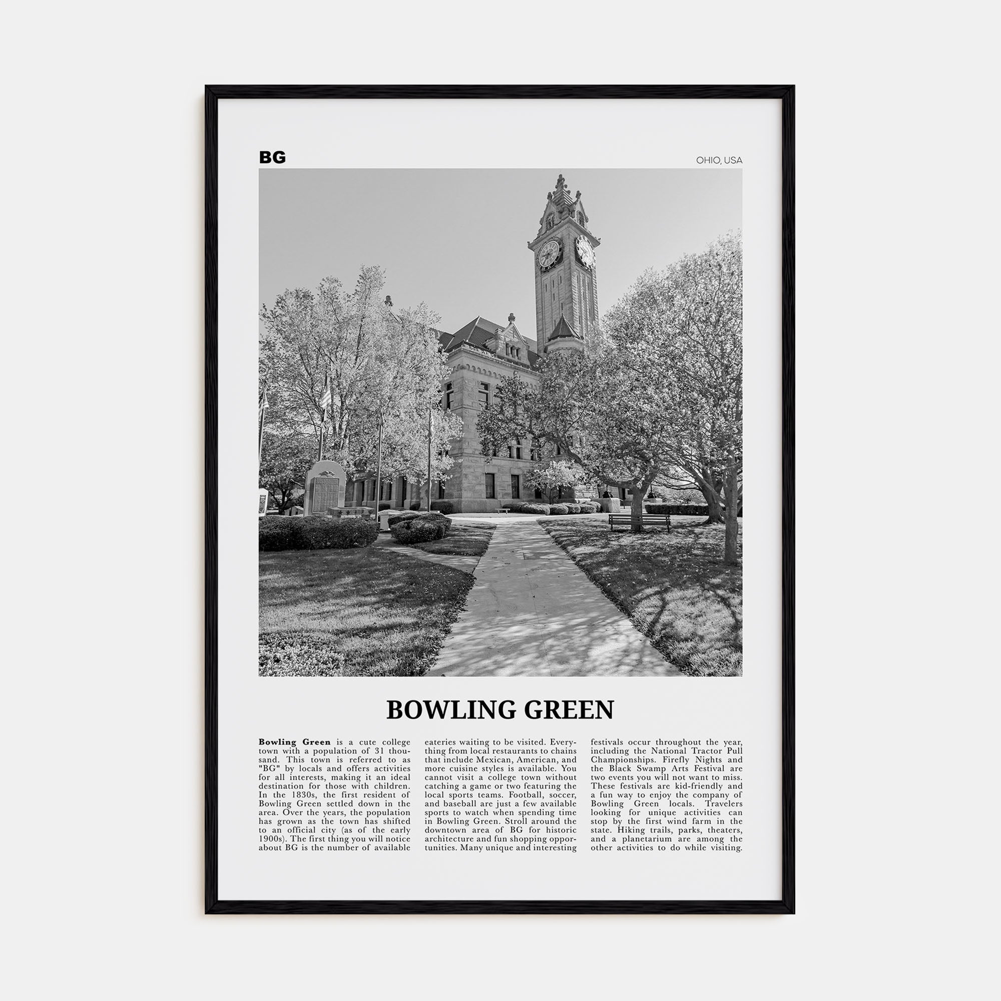 Bowling Green, Ohio Travel B&W Poster