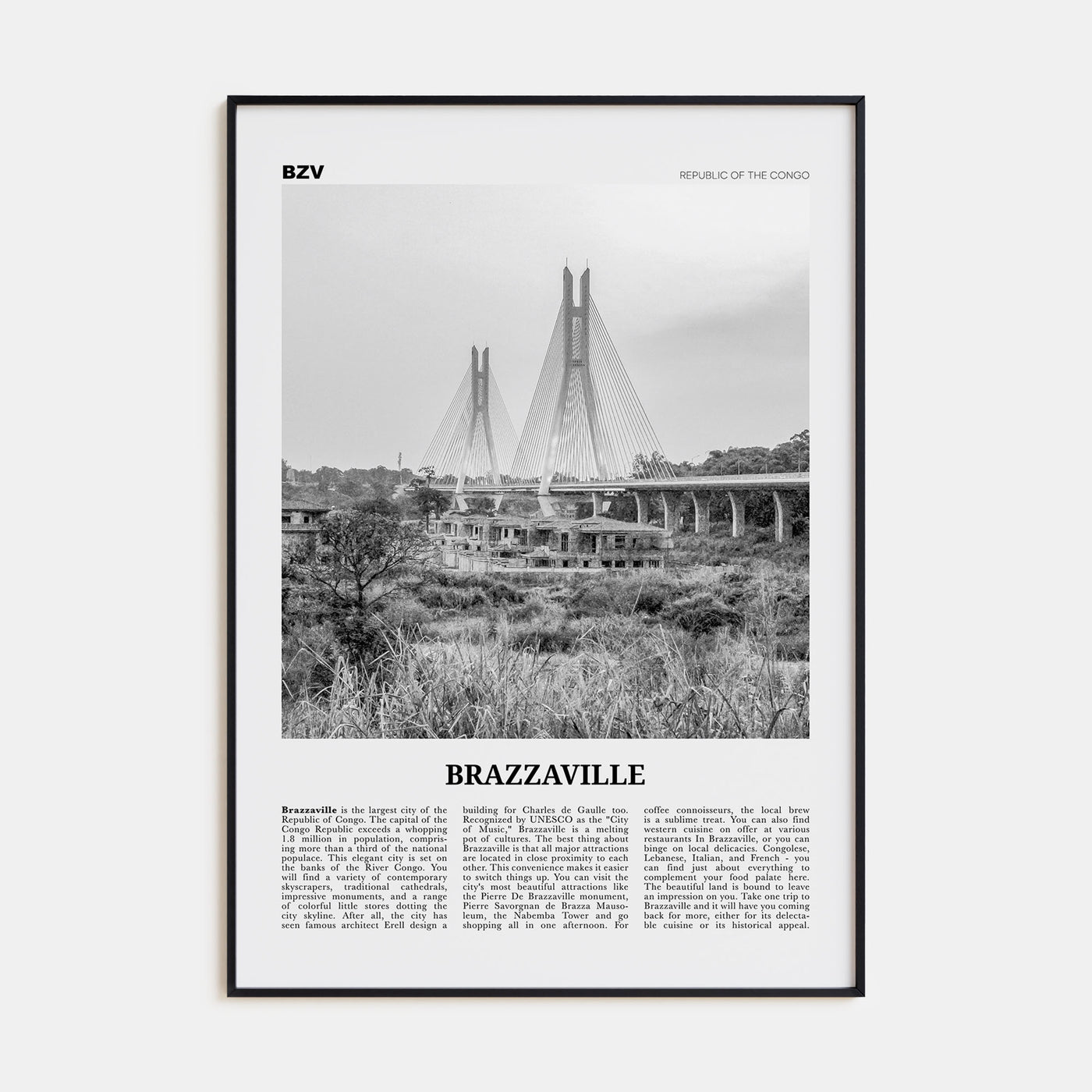 Brazzaville Travel B&W Poster
