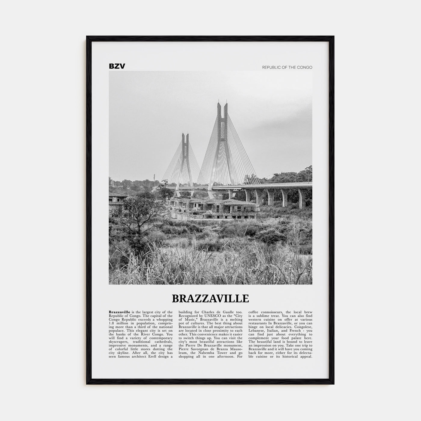 Brazzaville Travel B&W Poster