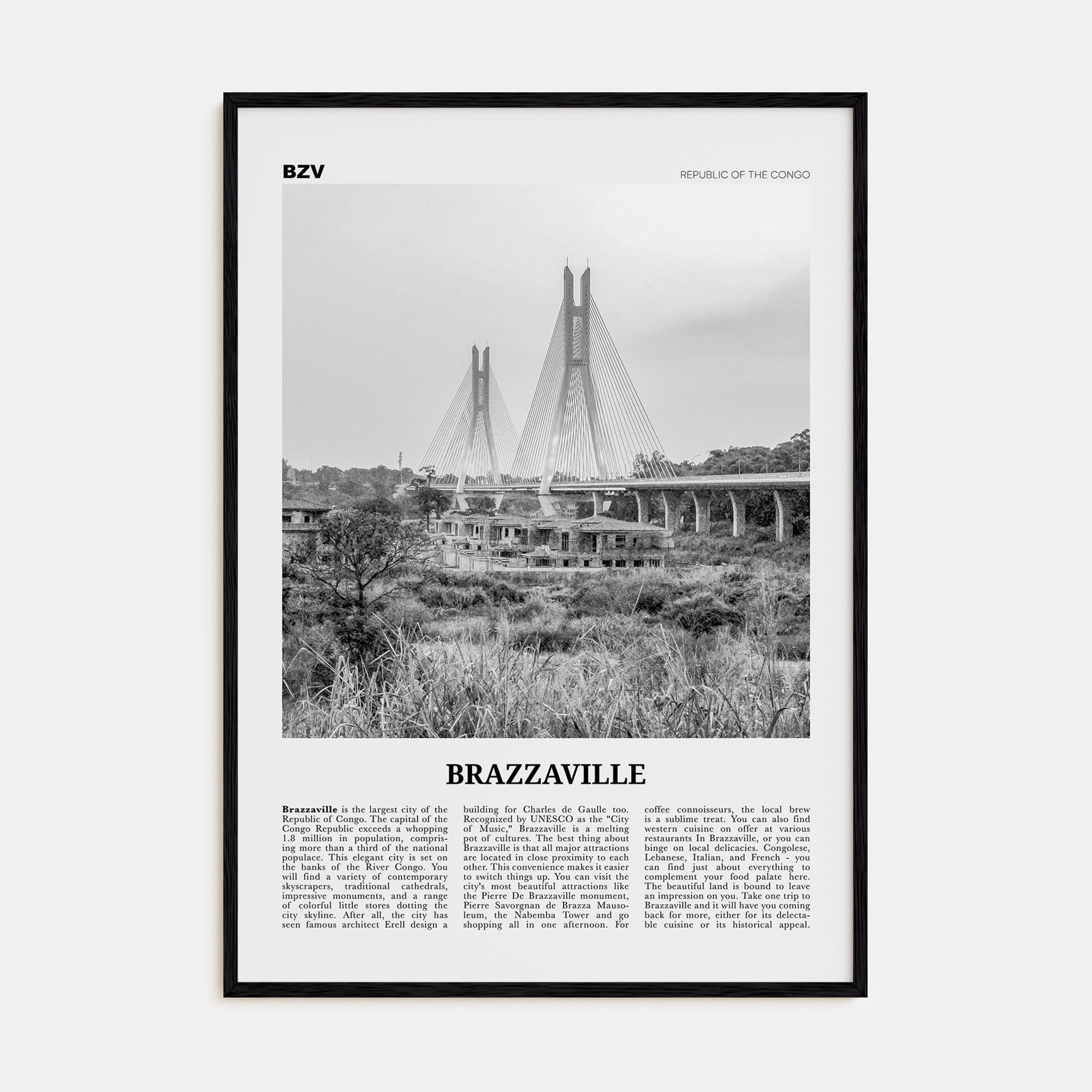 Brazzaville Travel B&W Poster