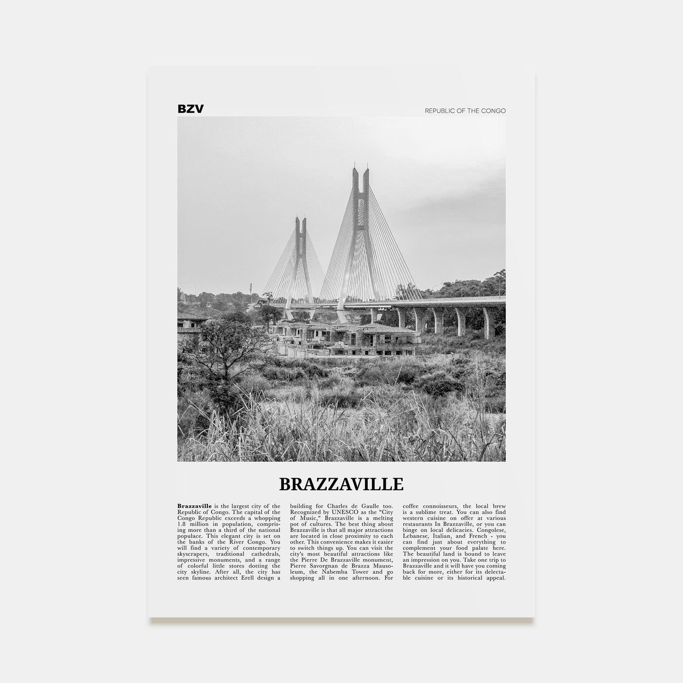 Brazzaville Travel B&W Poster