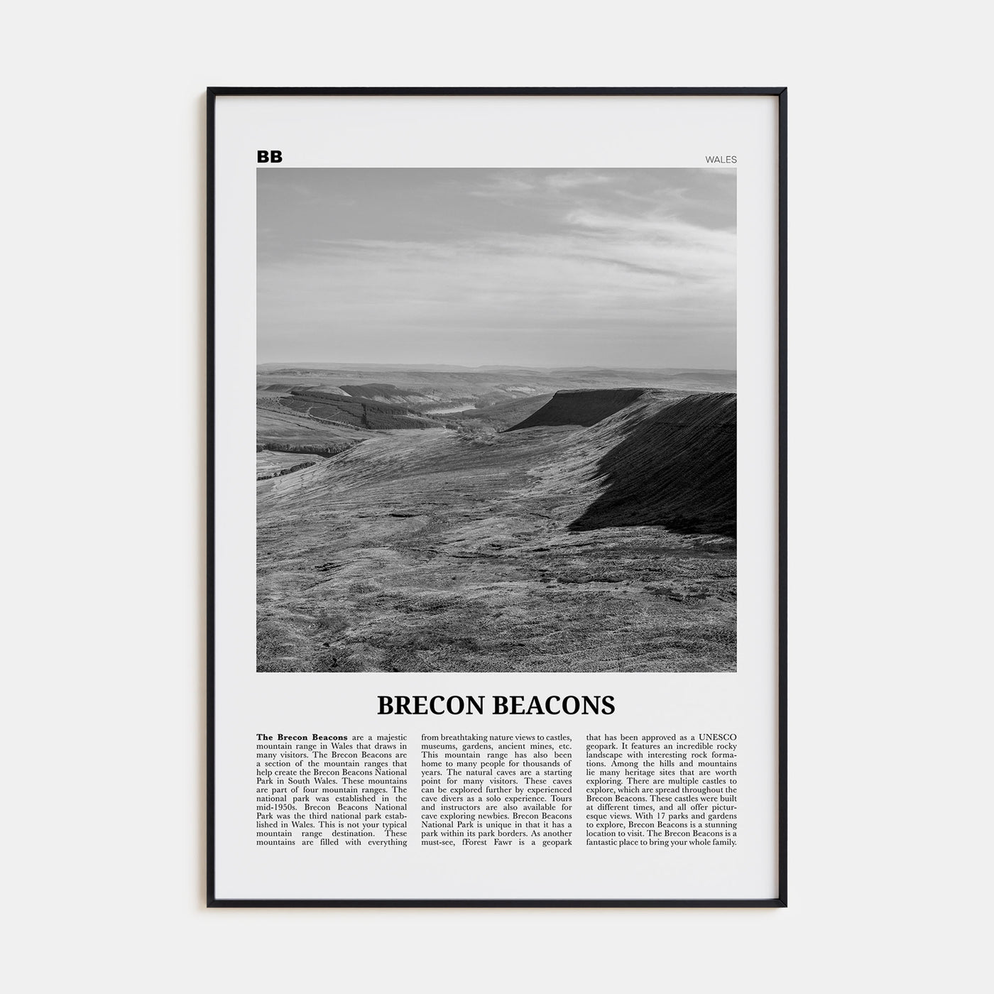 Brecon Beacons Travel B&W Poster