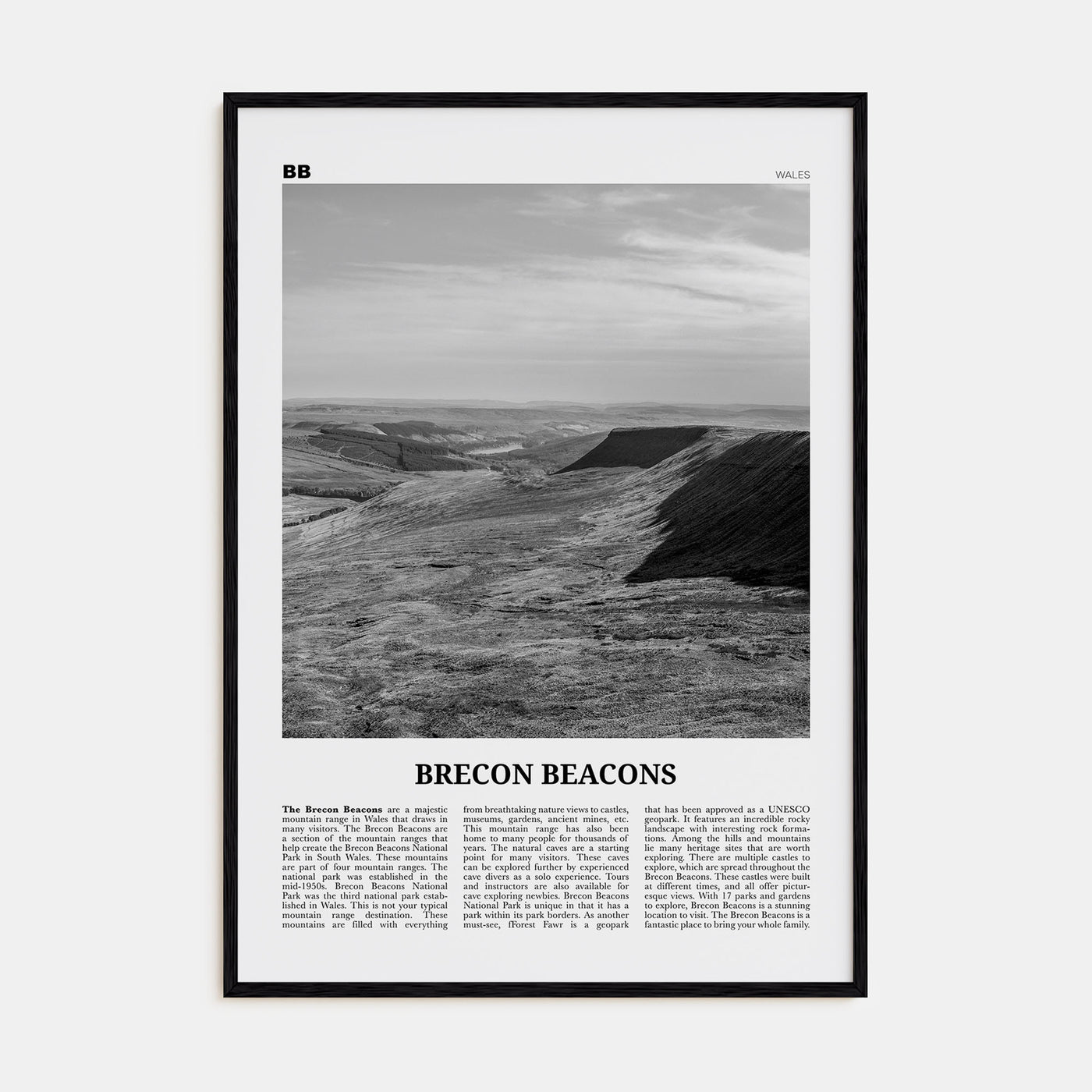 Brecon Beacons Travel B&W Poster