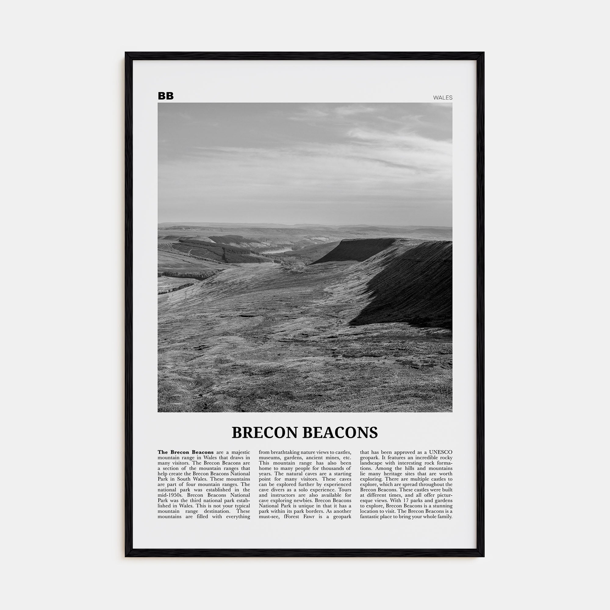 Brecon Beacons Travel B&W Poster