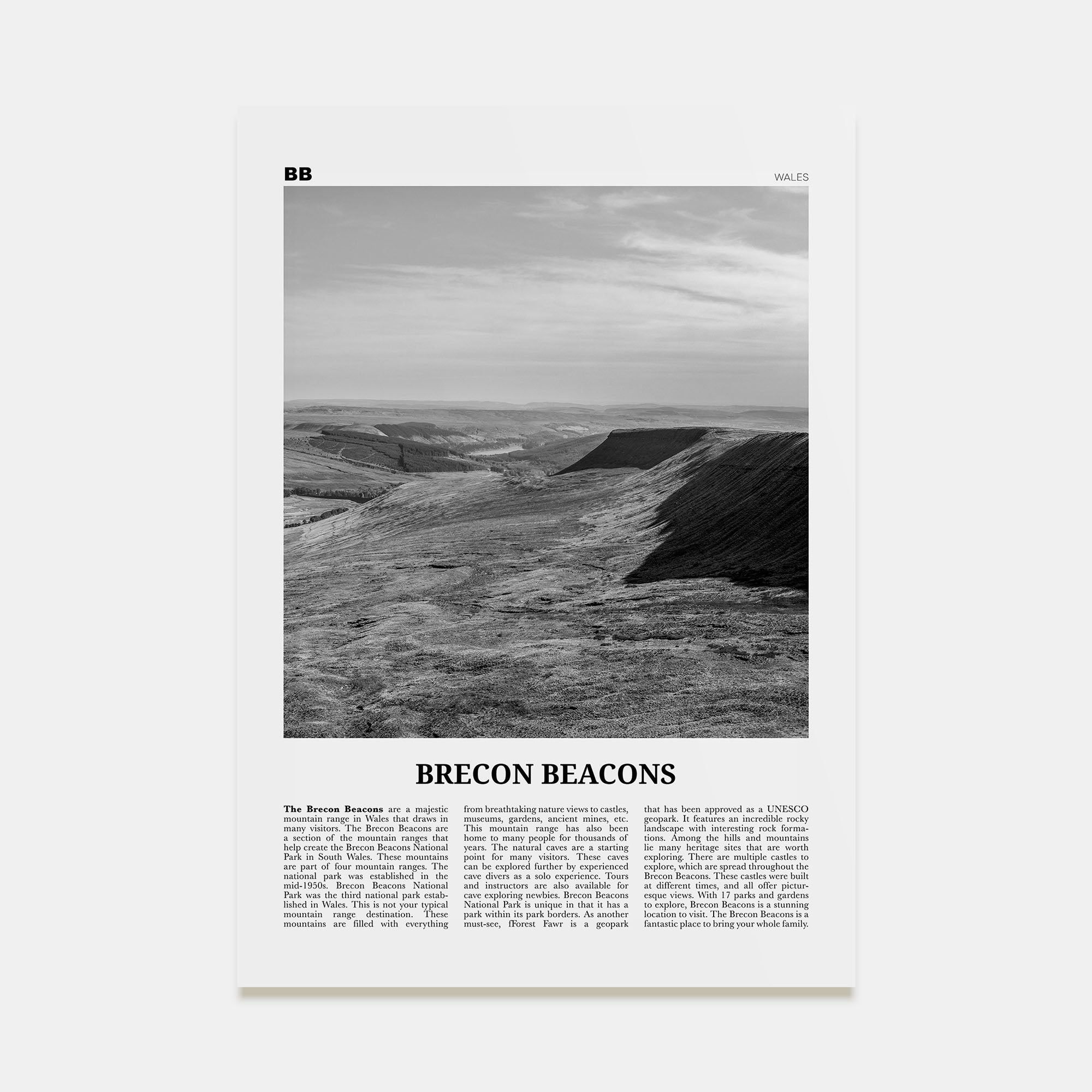 Brecon Beacons Travel B&W Poster