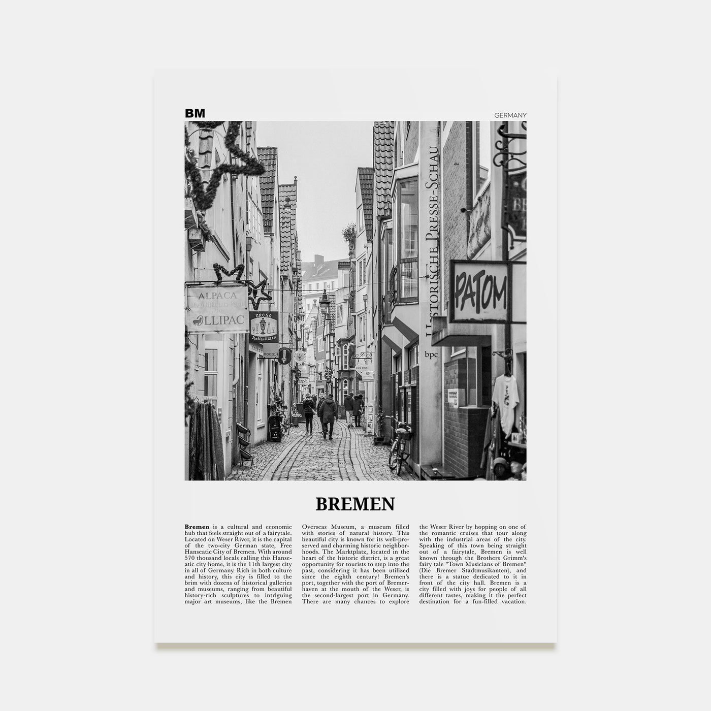 Bremen Travel B&W Poster
