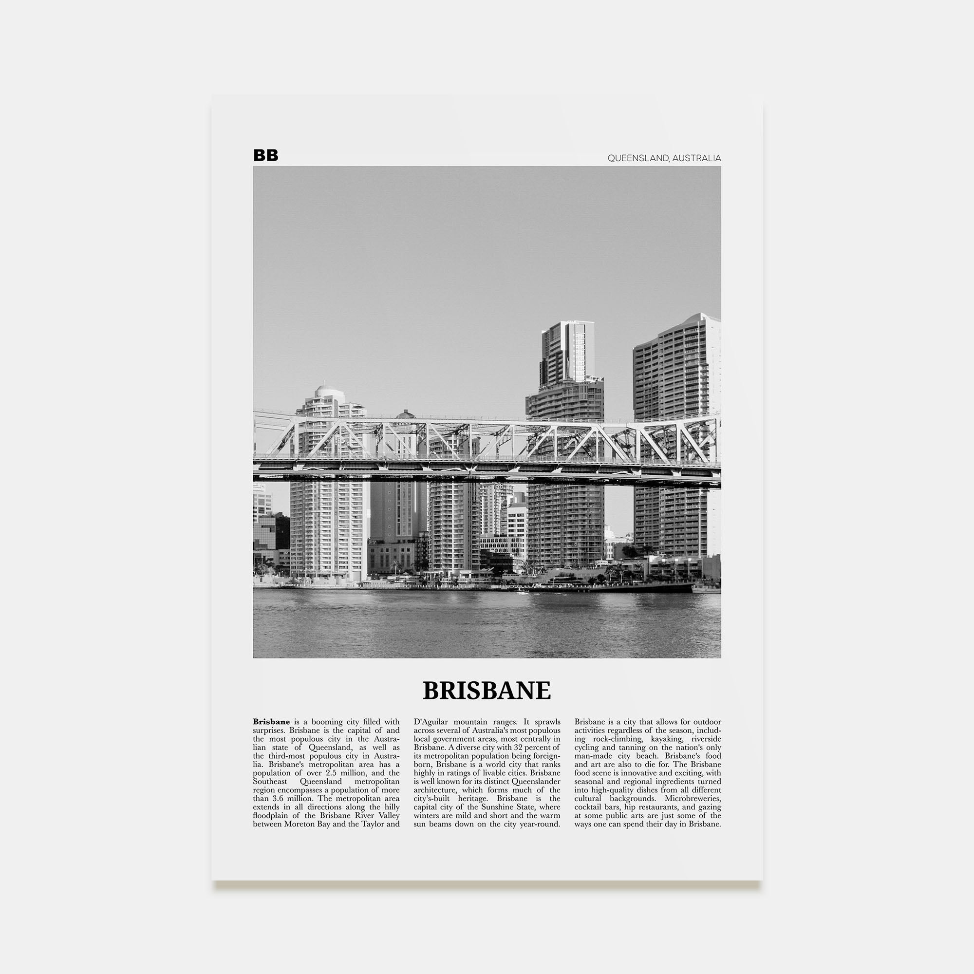Brisbane Travel B&W No 2 Poster