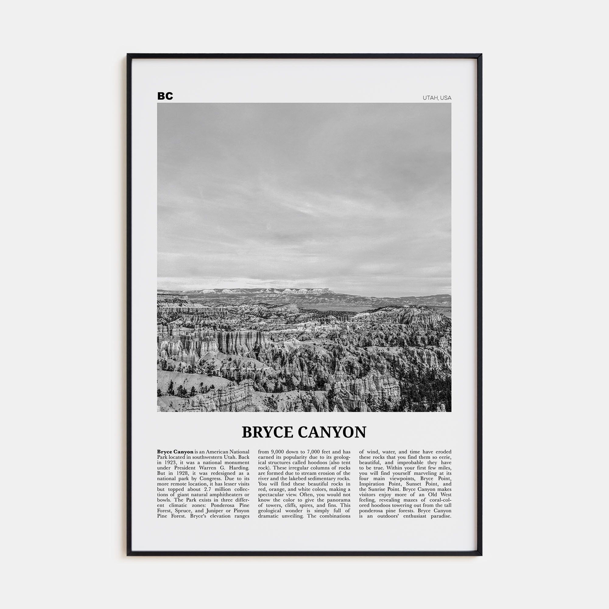 Bryce Canyon National Park Travel B&W Poster