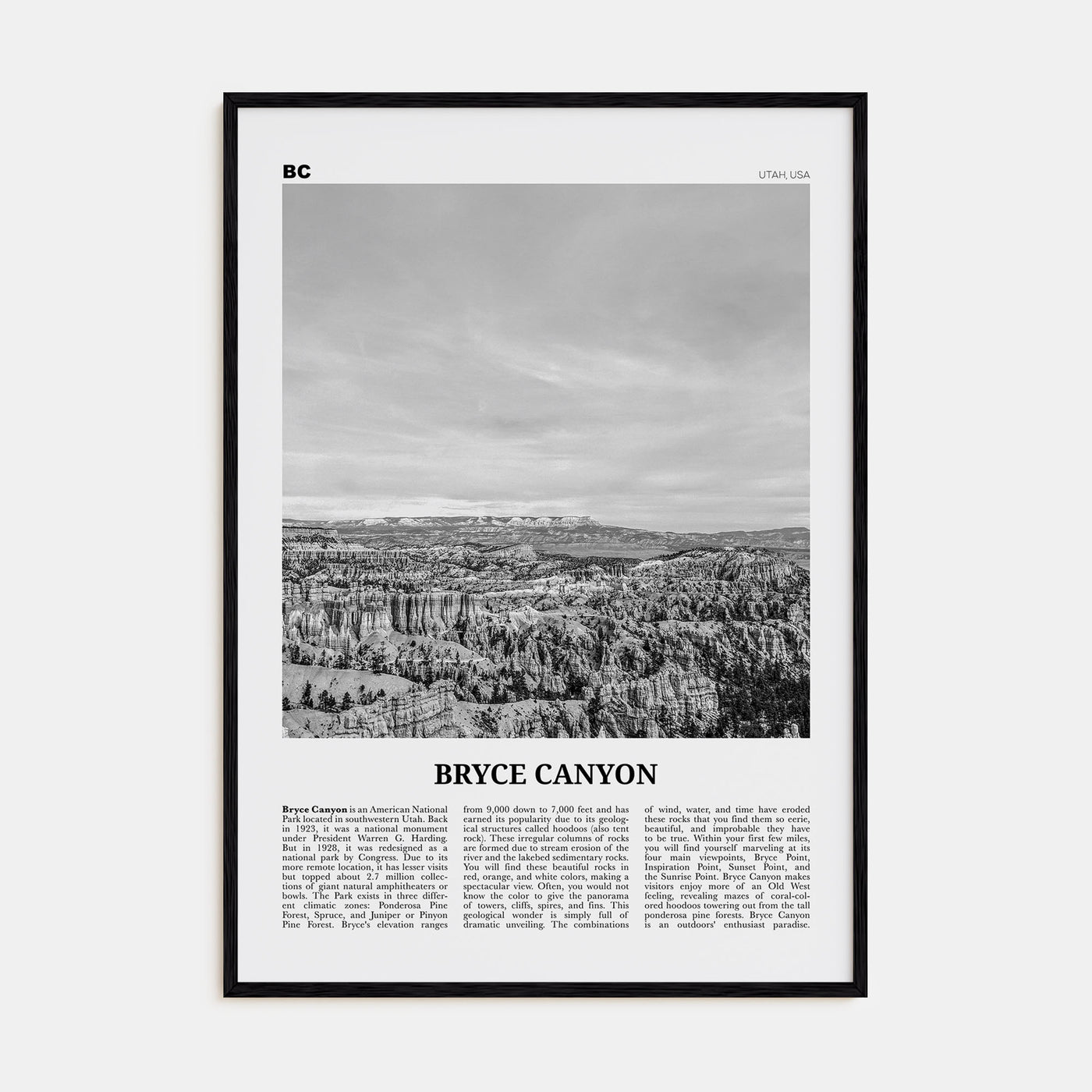 Bryce Canyon National Park Travel B&W Poster