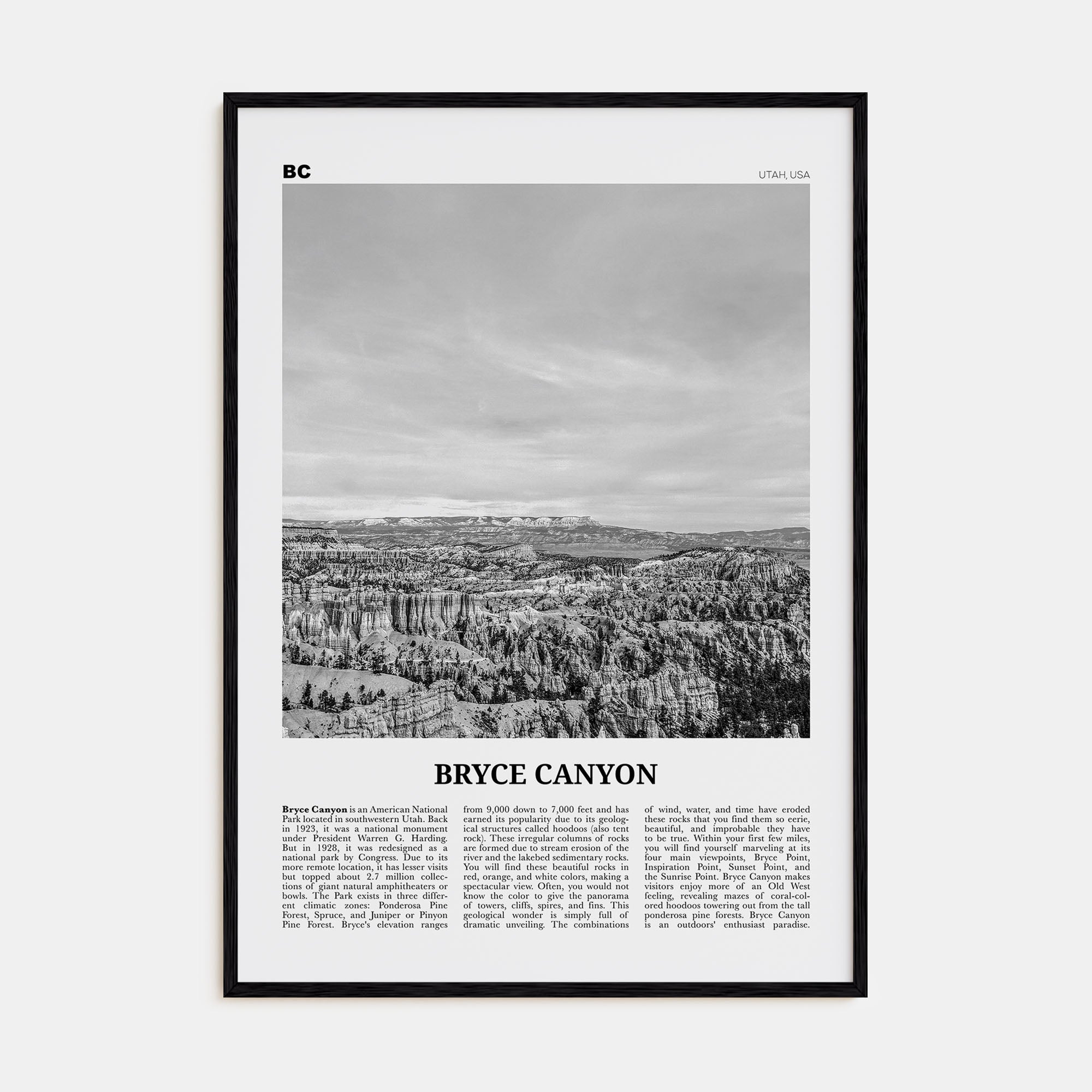 Bryce Canyon National Park Travel B&W Poster