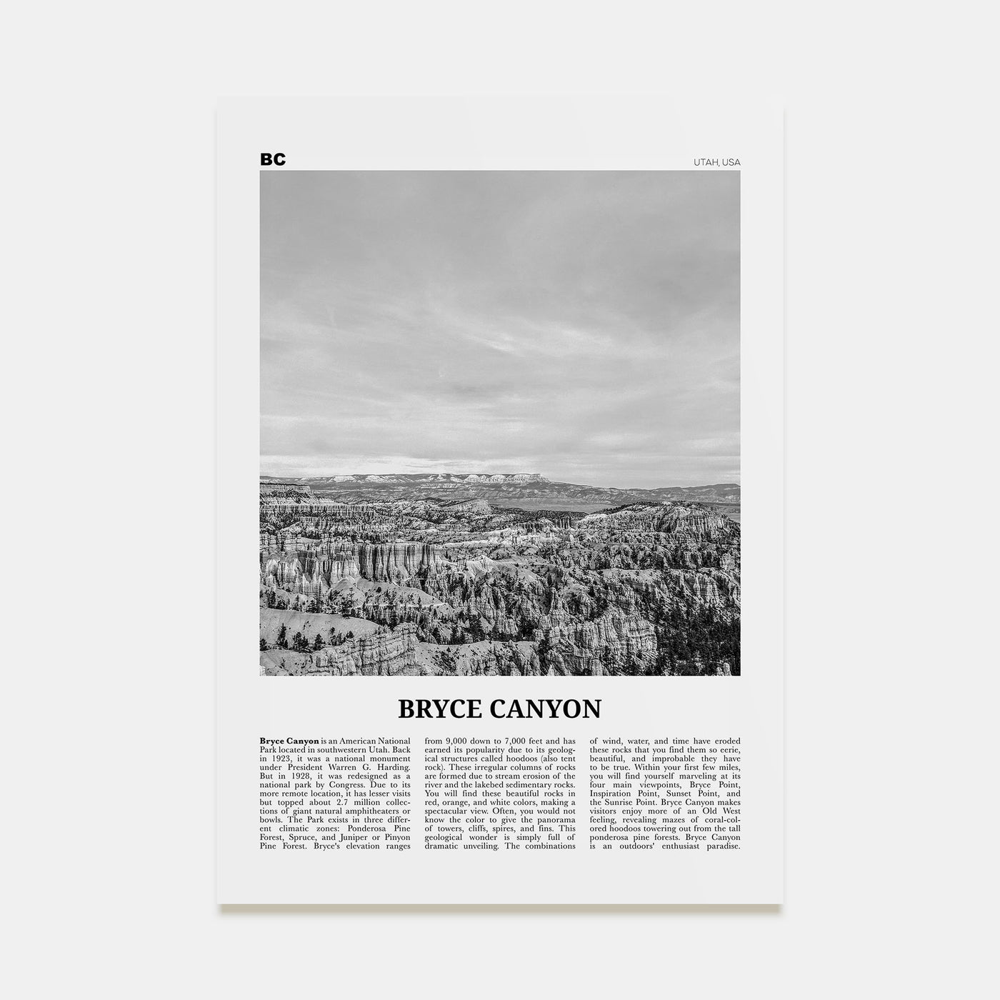 Bryce Canyon National Park Travel B&W Poster