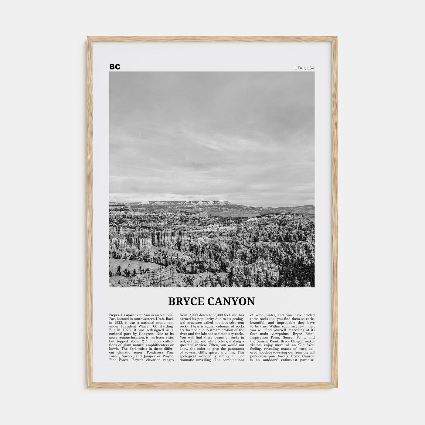 Bryce Canyon National Park Travel B&W Poster