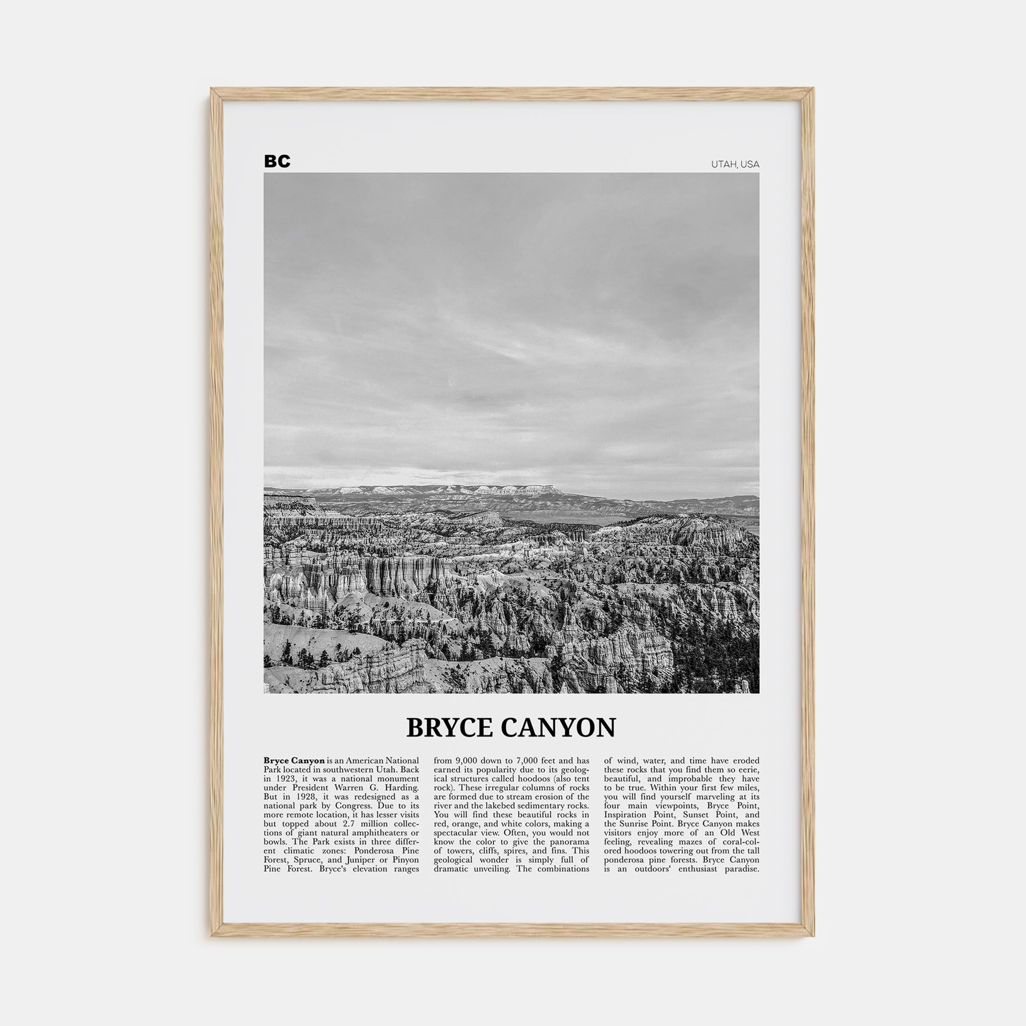 Bryce Canyon National Park Travel B&W Poster