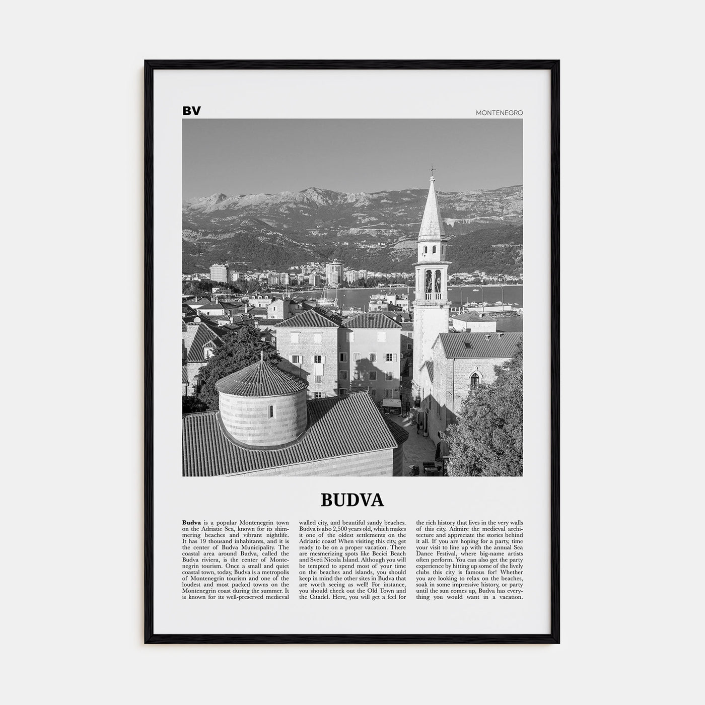 Budva Travel B&W Poster