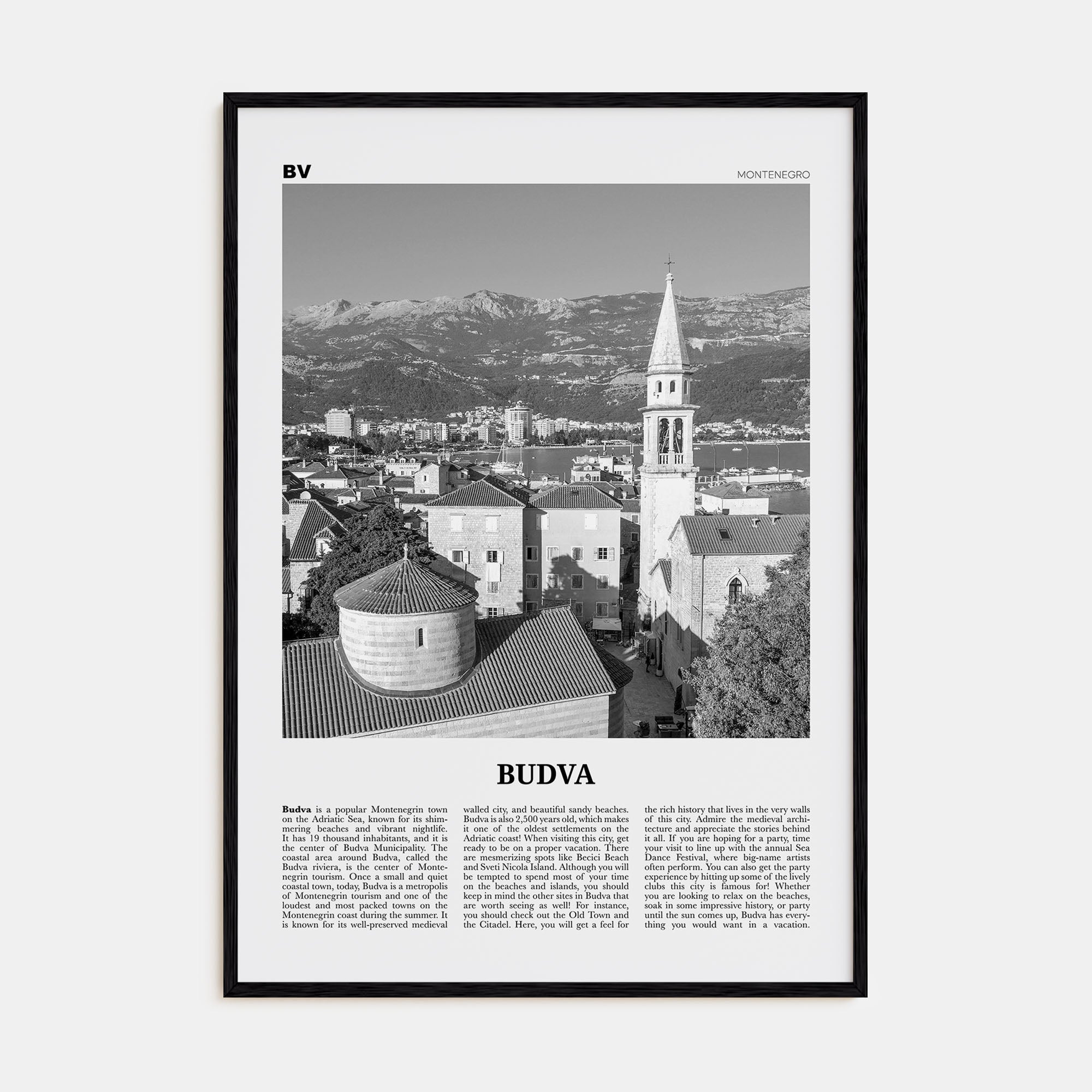 Budva Travel B&W Poster