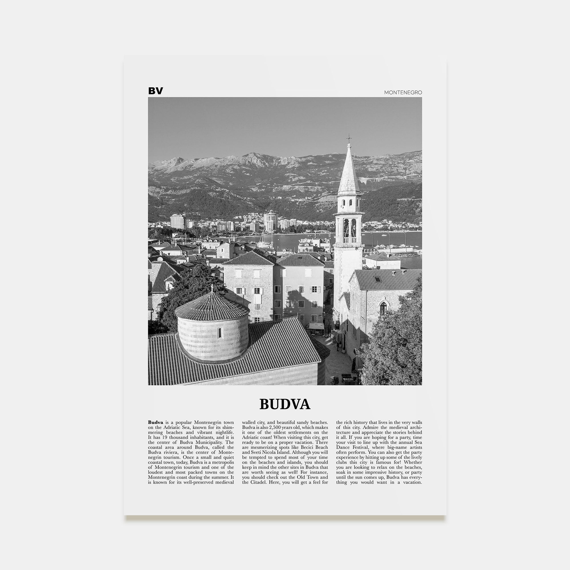 Budva Travel B&W Poster