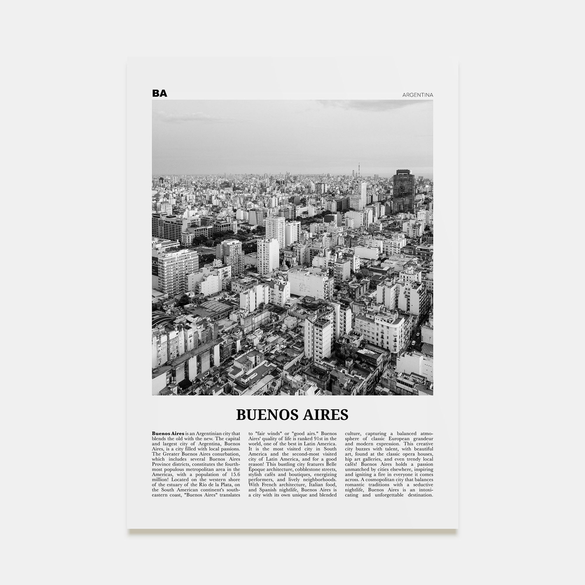 Buenos Aires Travel B&W No 1 Poster