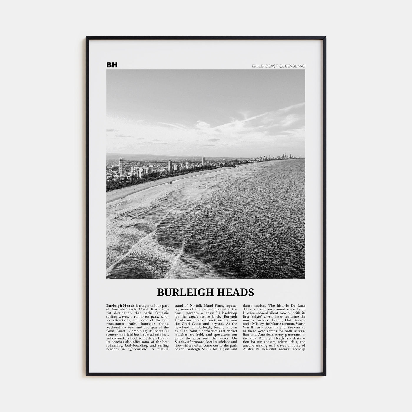 Burleigh Heads Travel B&W Poster