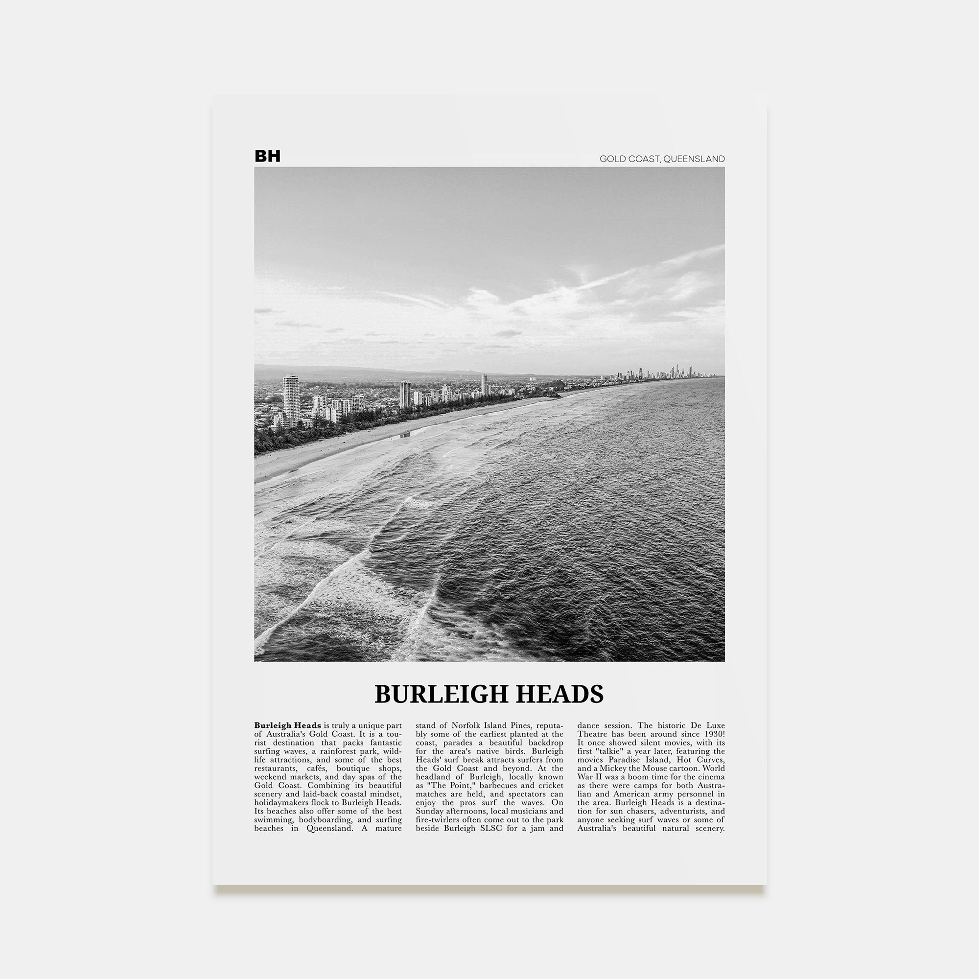 Burleigh Heads Travel B&W Poster
