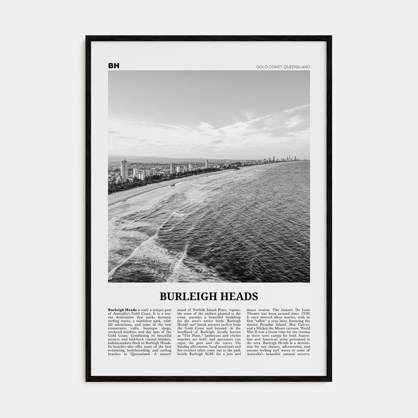 Burleigh Heads Travel B&W Poster