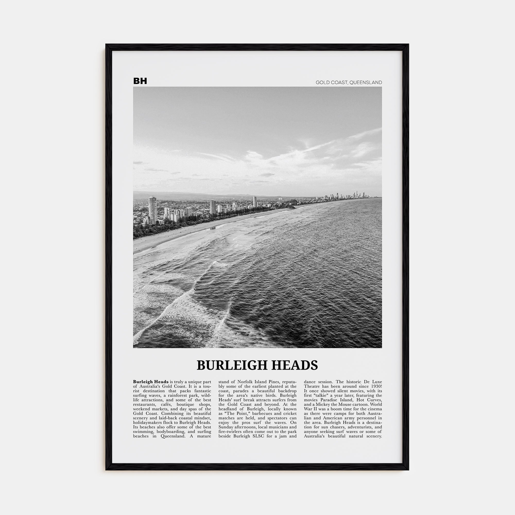 Burleigh Heads Travel B&W Poster